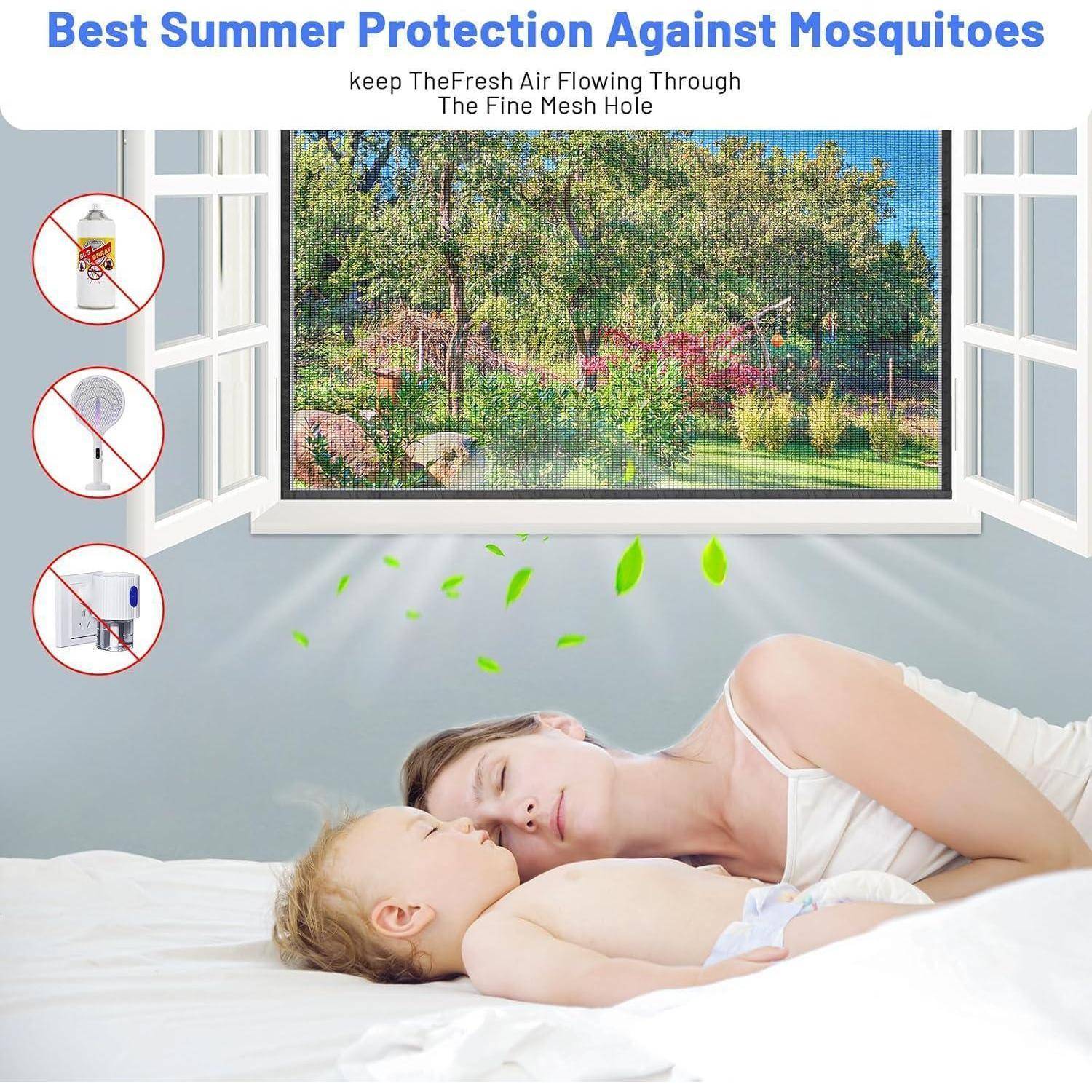 Werbebild eines feinen Maschengitters für Fenster, das Mücken abhält und gleichzeitig frische Luft hereinlässt, gezeigt über einer sonnigen Gartenansicht und einer schlafenden Mutter mit Baby.