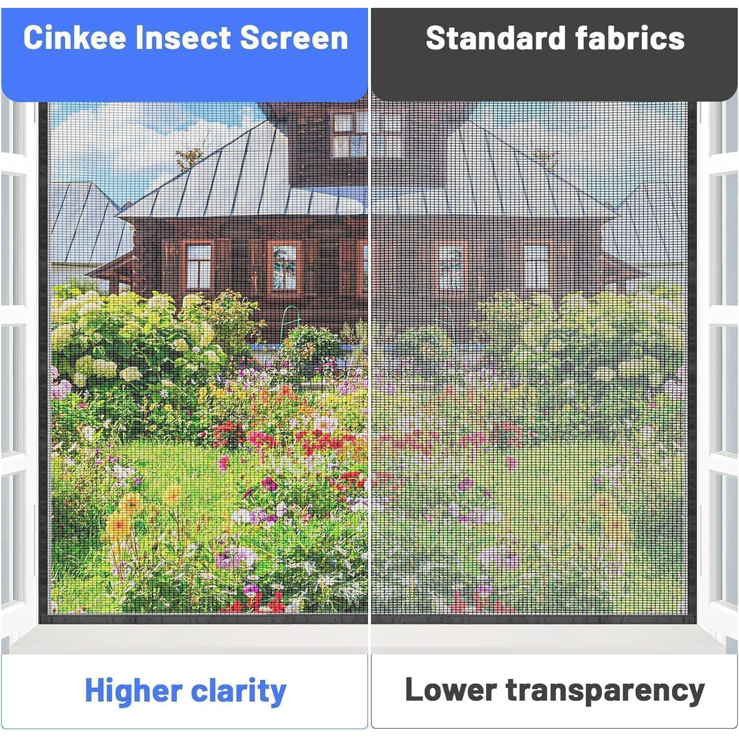 Geteilte Bildschirmanzeige von Fliegengittern mit Gartenblick; „CinKee Insect Screen