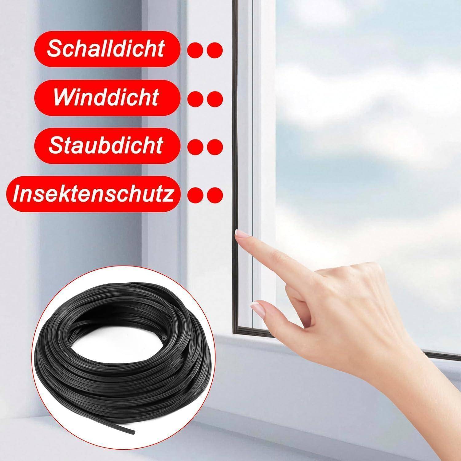 Fenster-Dichtungsstreifen für Schall-, Wind-, Staub- und Insektenschutz, gezeigt an einem Fenster mit einer Hand, die auf den Rahmen zeigt, und einer eingefügten Rolle Dichtungsband.