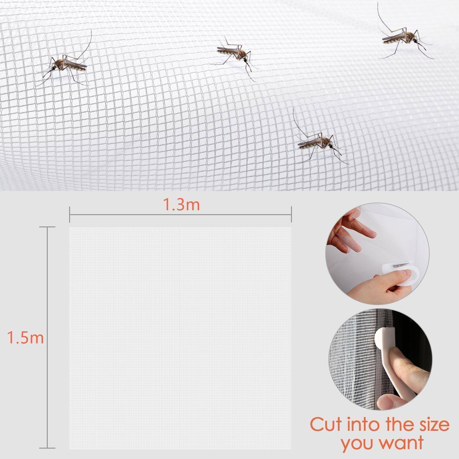Moskitonetz mit blockierten Mücken oben dargestellt; das Produkt ist 1,3 m × 1,5 m groß und kann für die Installation auf Größe zugeschnitten werden.