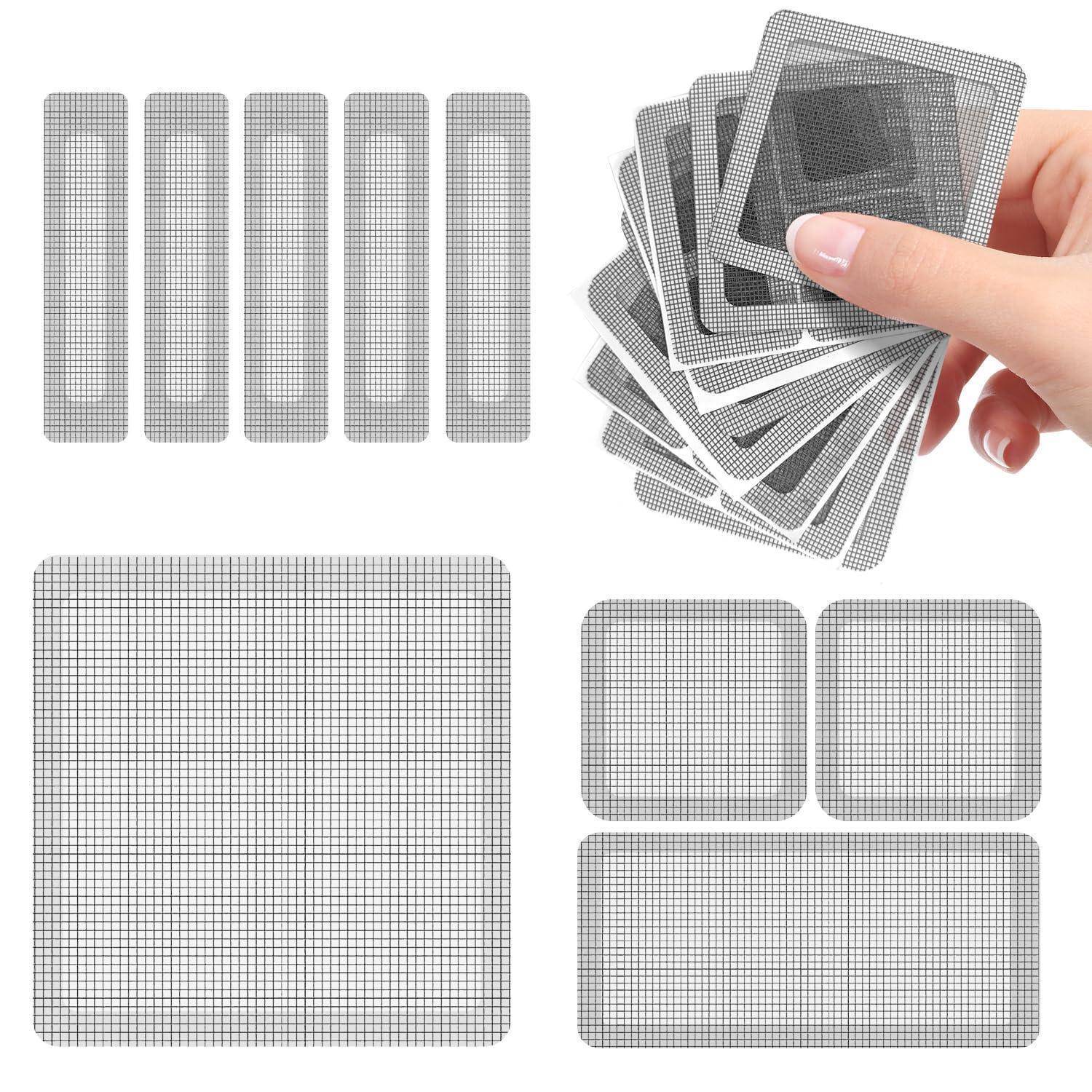 Sortierte graue Mesh-Haftungsflicken in verschiedenen Größen, einschließlich Streifen, Quadrate, ein großes Blatt und eine Hand, die einen Fächer aus kleineren quadratischen Flicken hält.