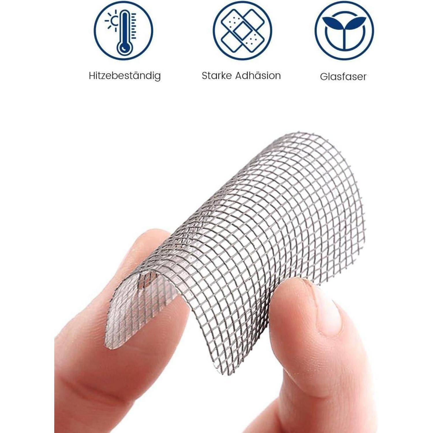 Hand hält flexibles Fiberglas-Mesh-Gitter; Symbole kennzeichnen es als hitzebeständig, stark haftend und aus Fiberglas.