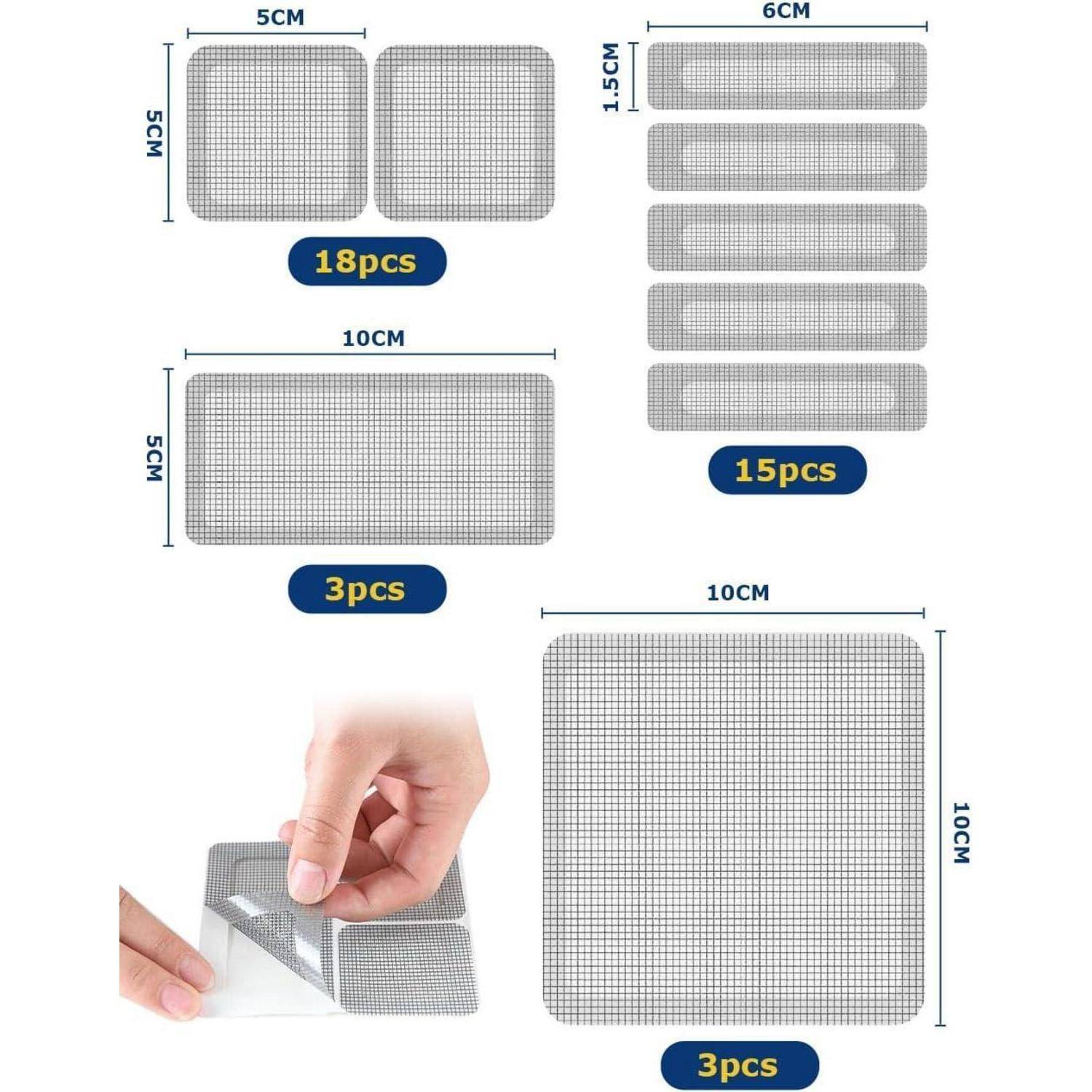 Produktgrößentabelle mit selbstklebenden Mesh-Pflastern in mehreren Formen und Mengen: 5x5 cm 18 Stück, 10x5 cm 3 Stück, 6x1,5 cm 15 Stück und 10x10 cm 3 Stück, plus eine Hand, die ein Pflaster anbringt.