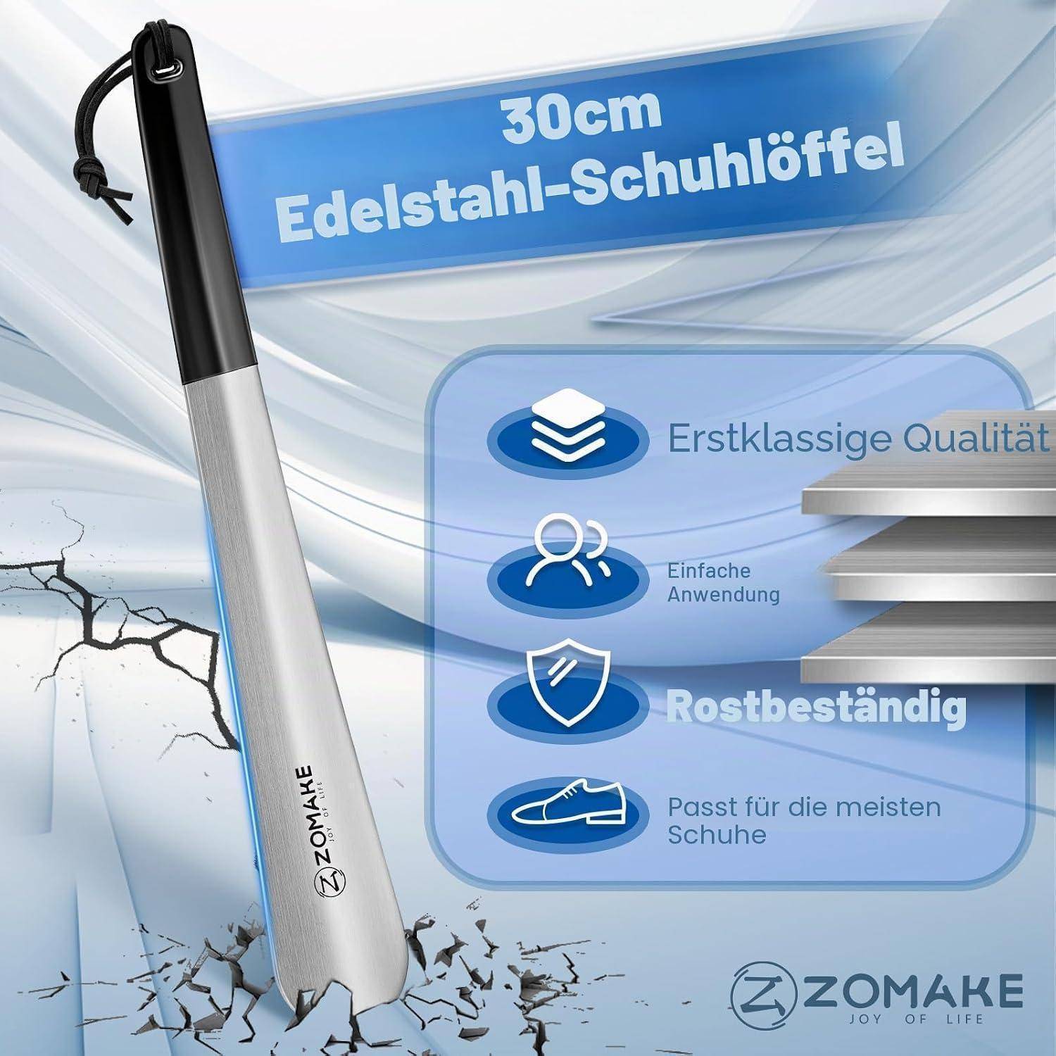 ZOMAKE Schuhlöffel lang 30 cm Edelstahl, stabiler Schuhlöffel mit Aufhängeschlaufe