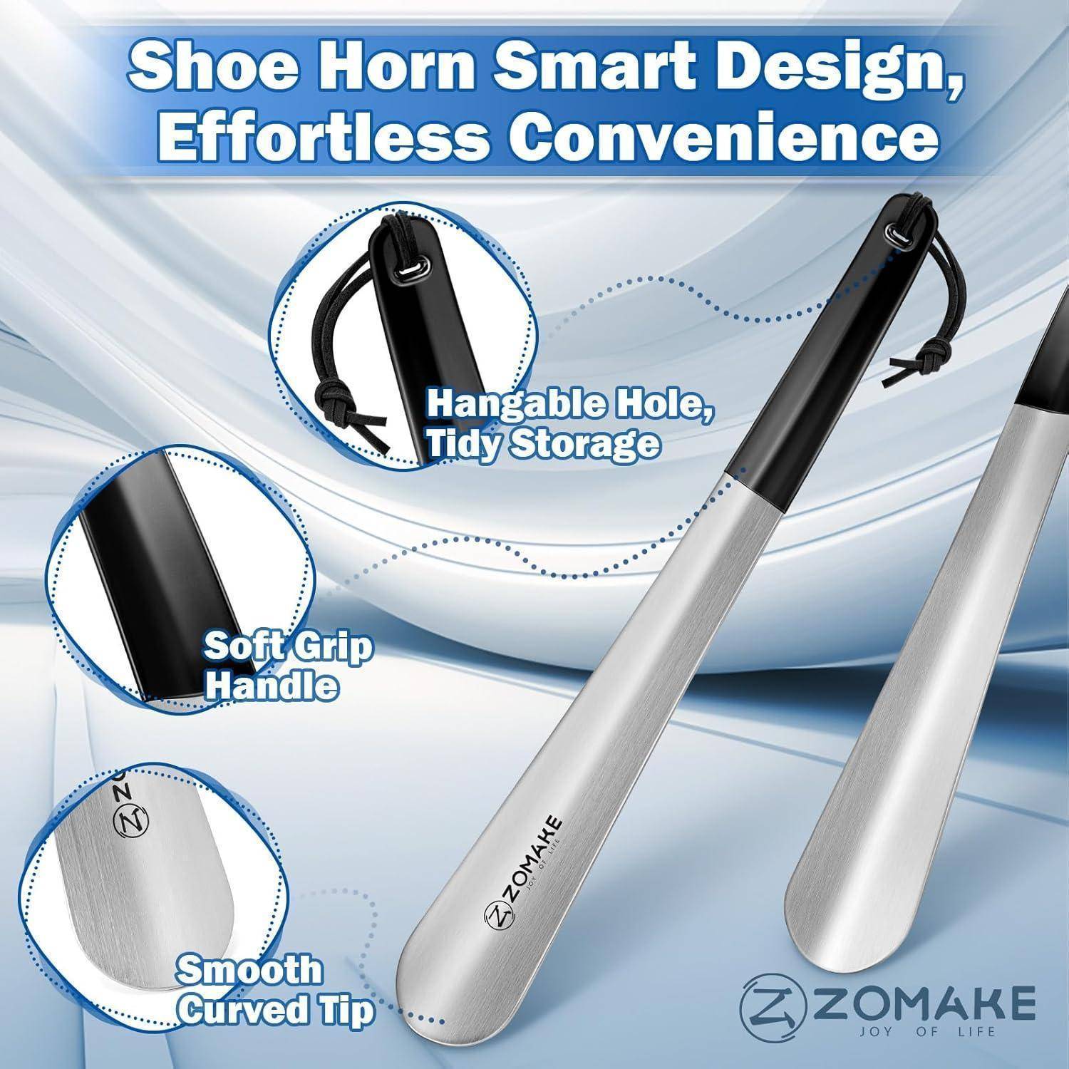 Schuhanzieher ZOMAKE mit schwarzem Soft-Grip-Griff, Aufhängeloch zur Aufbewahrung und glatter gewölbter Spitze, gekennzeichnet als „Schuhanzieher intelligentes Design, mühelose Bequemlichkeit