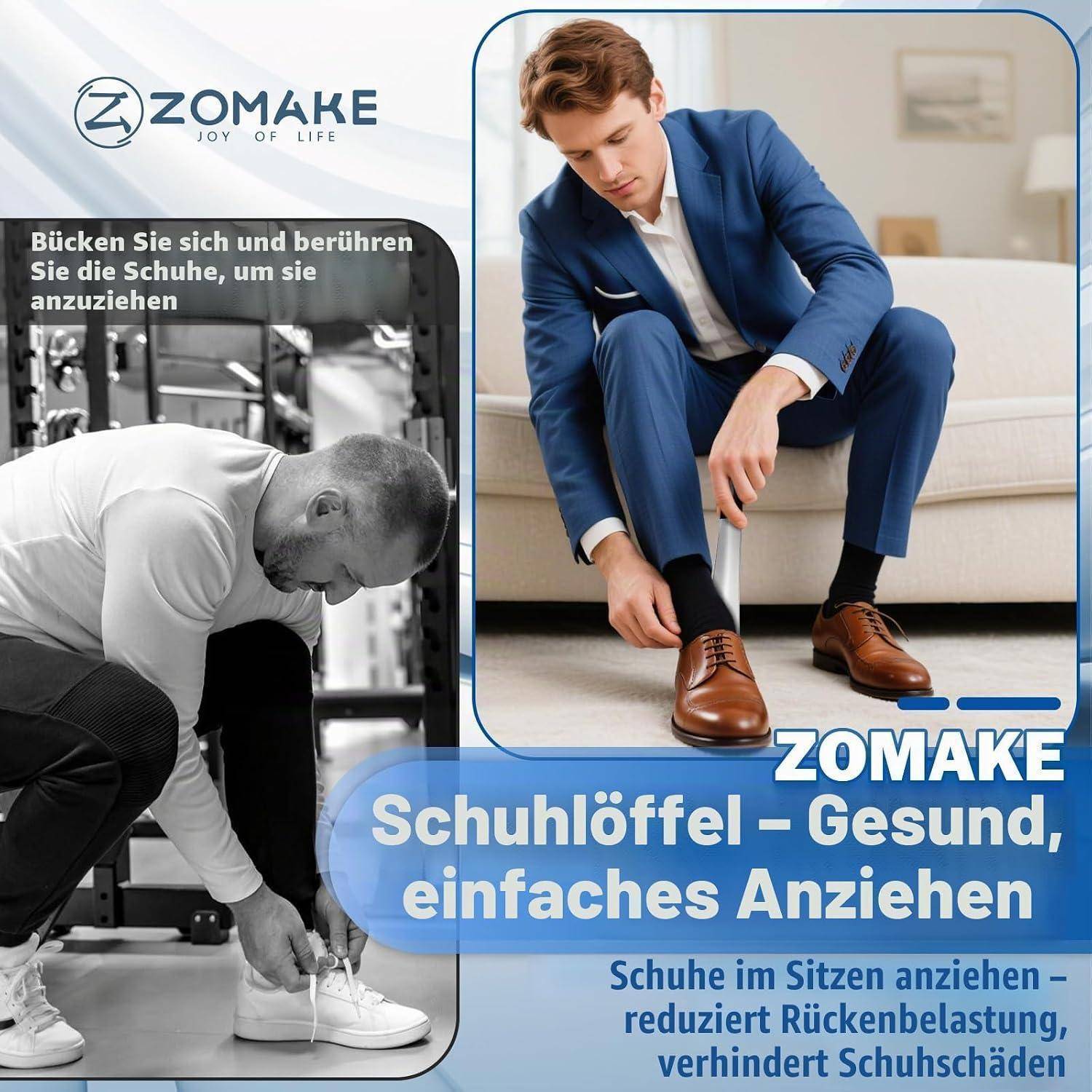 ZOMAKE Schuhlöffel lang 30 cm Edelstahl, stabiler Schuhlöffel mit Aufhängeschlaufe