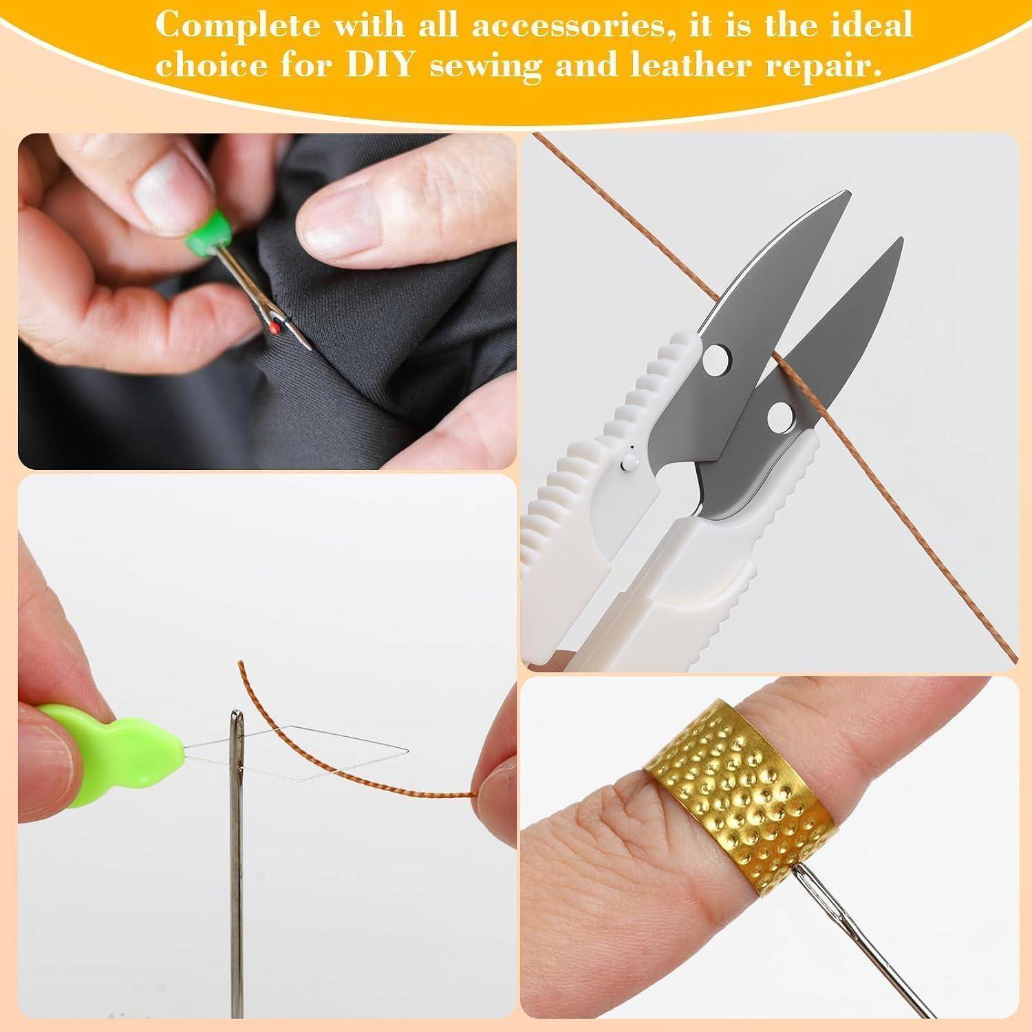 Collage mit einem DIY-Näh- und Lederreparatur-Werkzeugsatz: Hände verwenden einen Nahtauftrenner, eine Nadel mit Faden und Schneidezangen auf Stoff und Schnur.