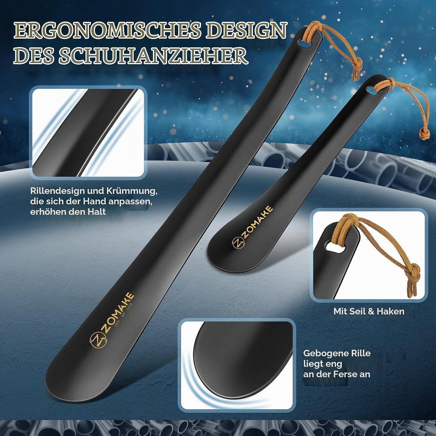 ZOMAKE Schuhlöffel 2er-Set 30cm &amp; 19cm Edelstahl Schwarz