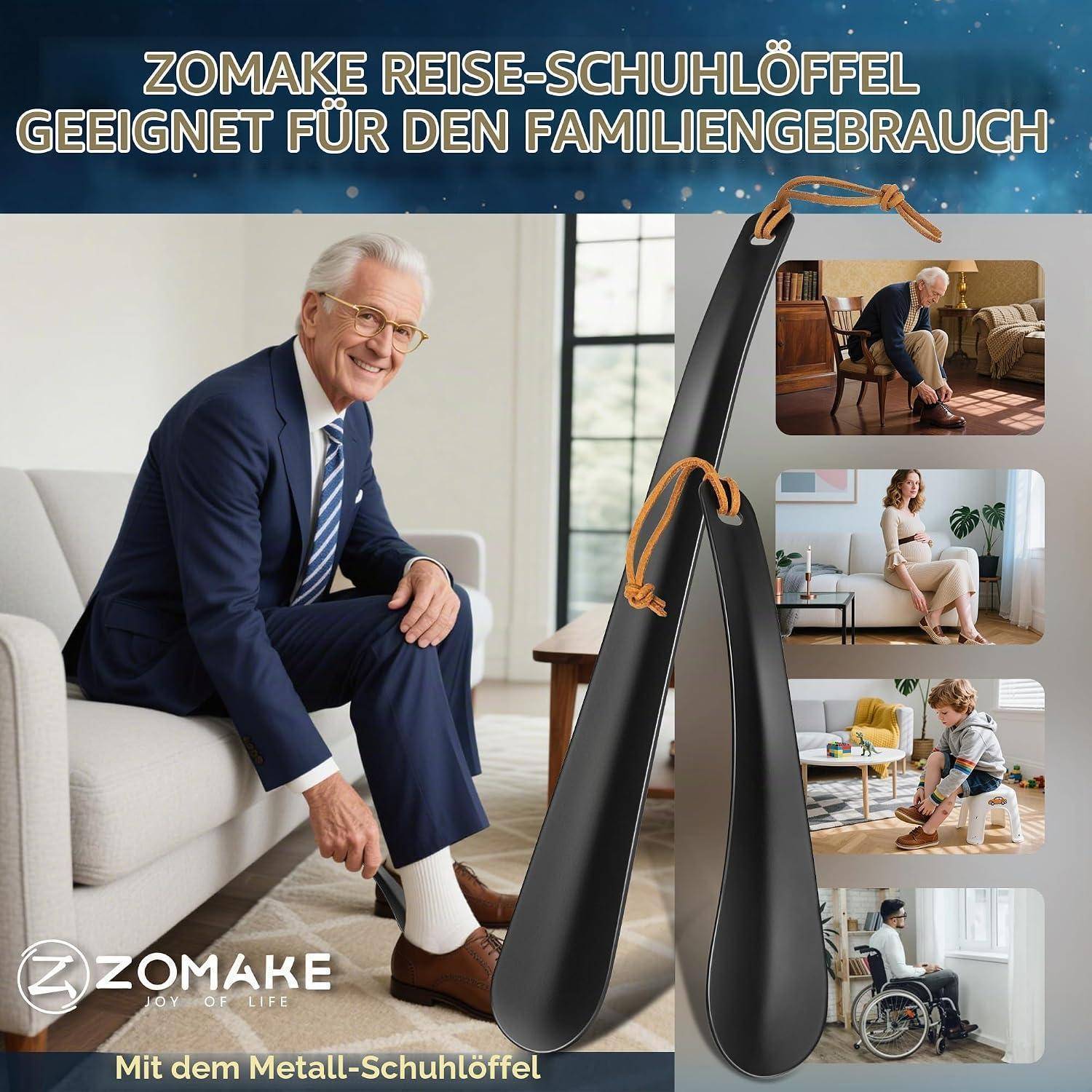 Anzeige für ZOMAKE Reise-Metallschuhanzieher, dargestellt als für die ganze Familie geeignet, mit einem älteren Mann, der Schuhe anzieht, und kleineren Bildern verschiedener Benutzer