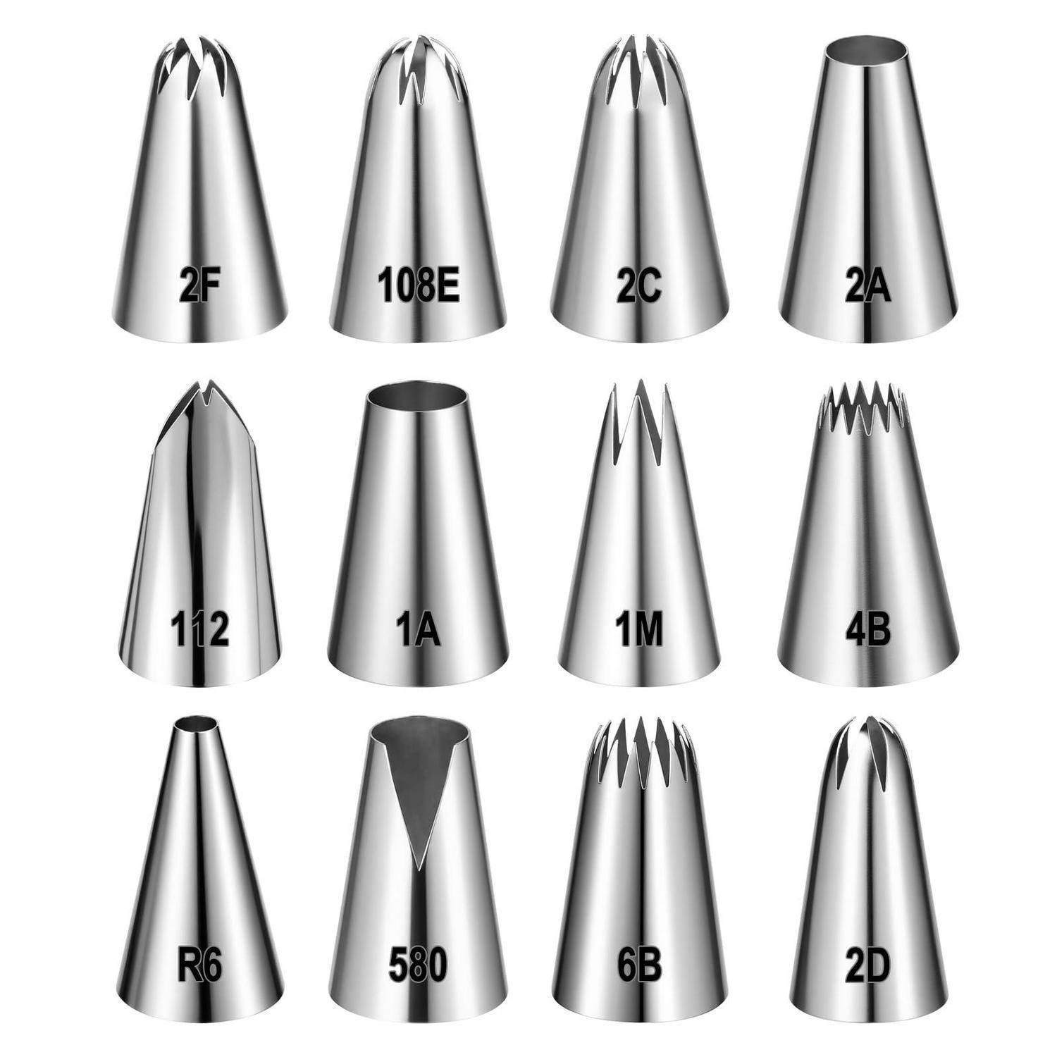 Diagramm mit 12 Metallrohrspitzen/Backspitzen mit den Bezeichnungen 2F, 108E, 2C, 2A, 112, 1A, 1M, 4B, R6, 580, 6B und 2D.