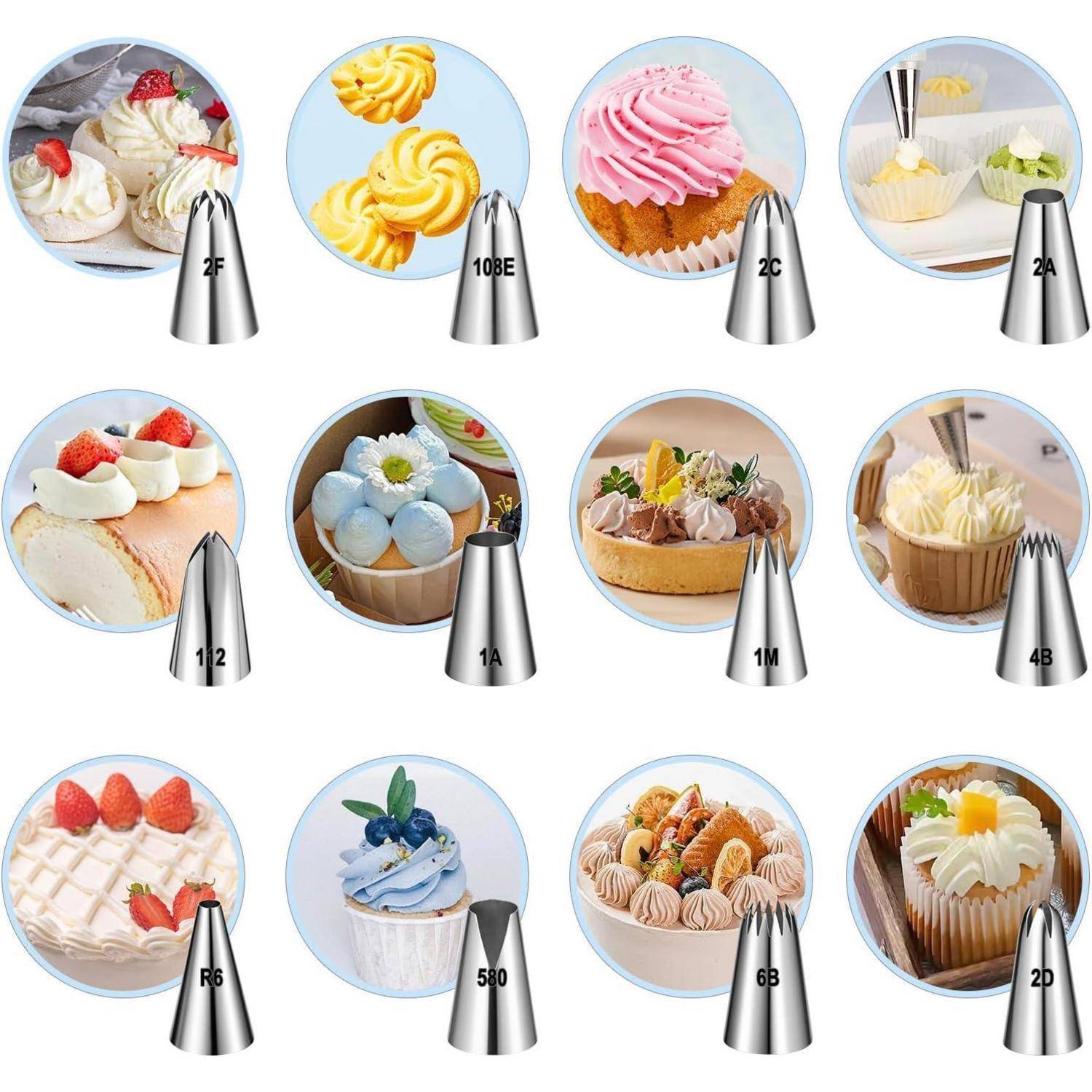 Gitter mit Beispielen für Gebäckdekoration, das dekorierte Cupcakes, Kuchen und Torten zeigt, jeweils gepaart mit einer Metallspritztülle mit einer Düsennummer.
