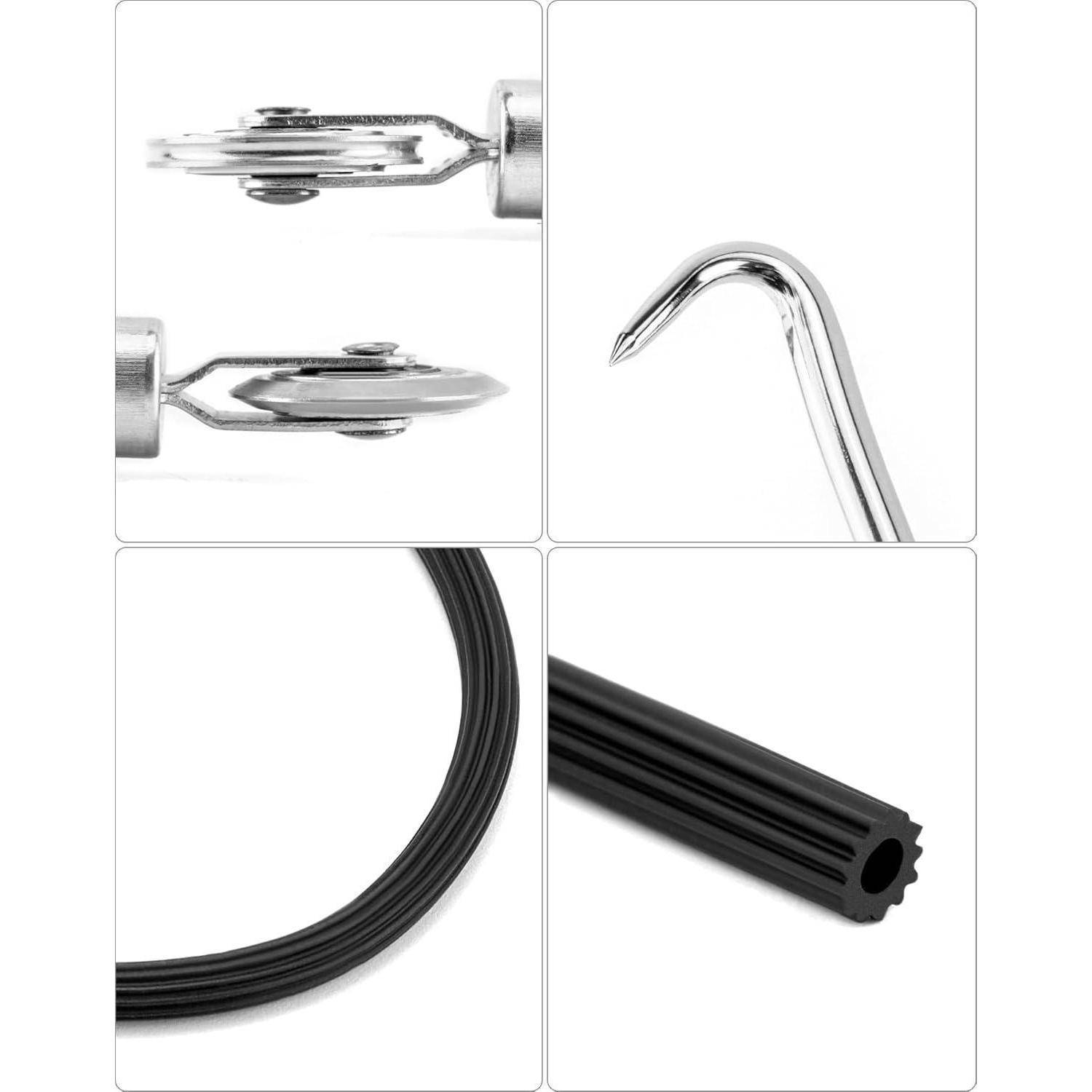 Collage aus drei Nähmaschinen-Nähfüßen und schwarzem elastischem Kabel oder Schlauch, einschließlich einer gekrümmten metallischen hakenartigen Spitze und Nahaufnahmen des flexiblen Materials.