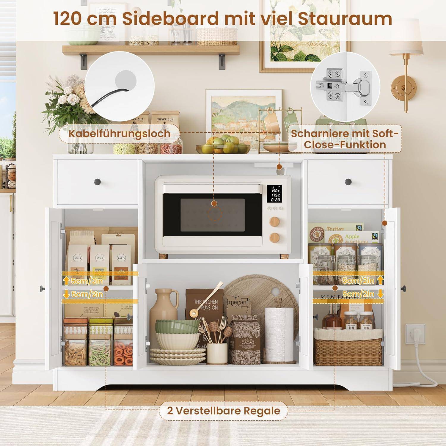 Weiß beschriftetes 120 cm Sideboard mit Mikrowelle und offenem Stauraum; Beschriftungen markieren Kabelöffnung, Soft-Close-Scharniere und zwei verstellbare Regale.