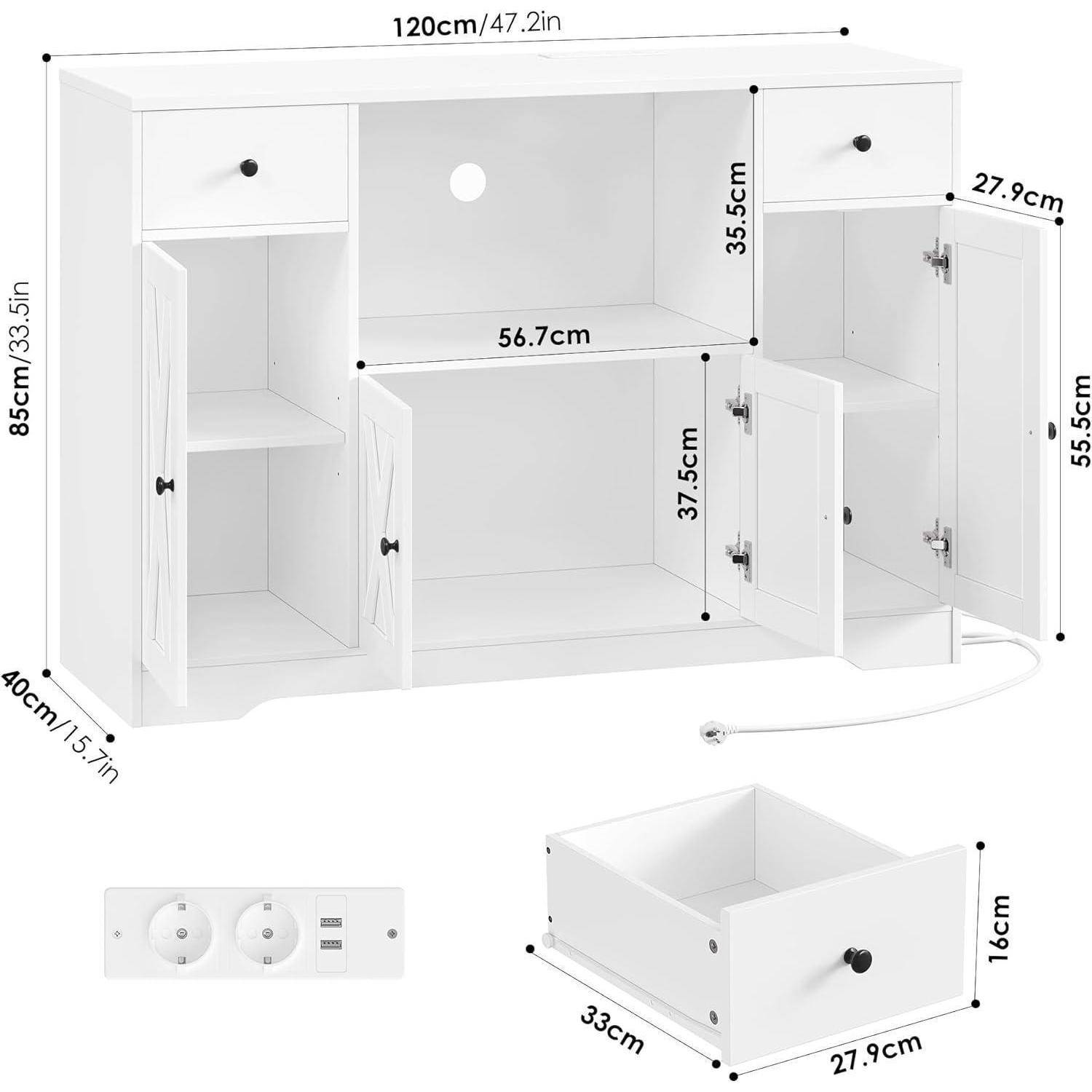 Dimensionierter weißer Lagerschrank mit offenen Regalen und Schubladen, zeigt die Gesamtgröße von 120 cm Breite, 85 cm Höhe, 40 cm Tiefe, plus separate Schubladeneinheit und Anschlussfeld.