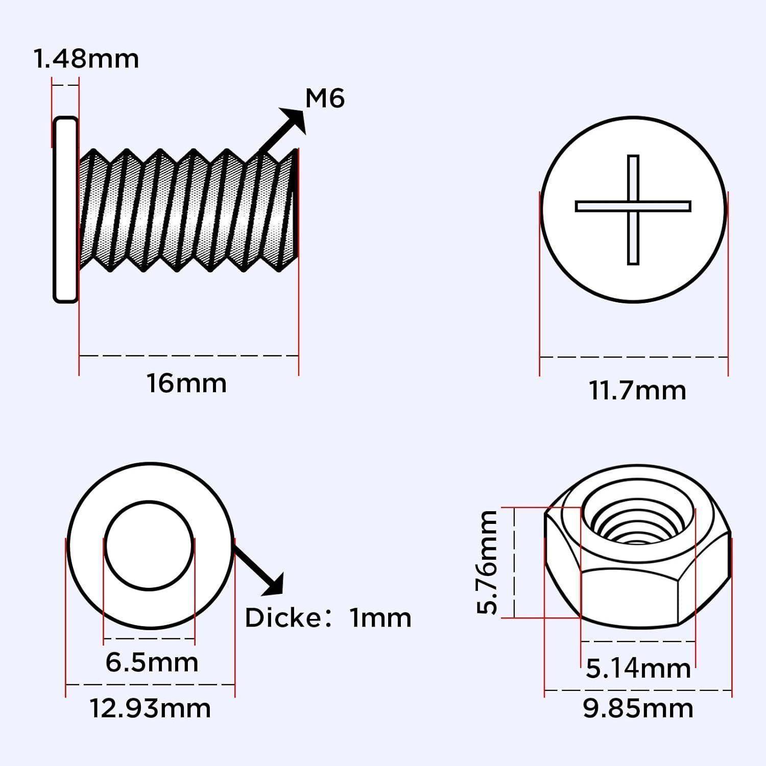 Technisches Diagramm eines M6-Schraubensatzes mit Abmessungen: 16 mm Länge, 1,48 mm Dicke, 11,7 mm Kopfdurchmesser, 1 mm Unterlegscheibenstärke und Mutterndimensionen 9,85 mm x 5,76 mm.