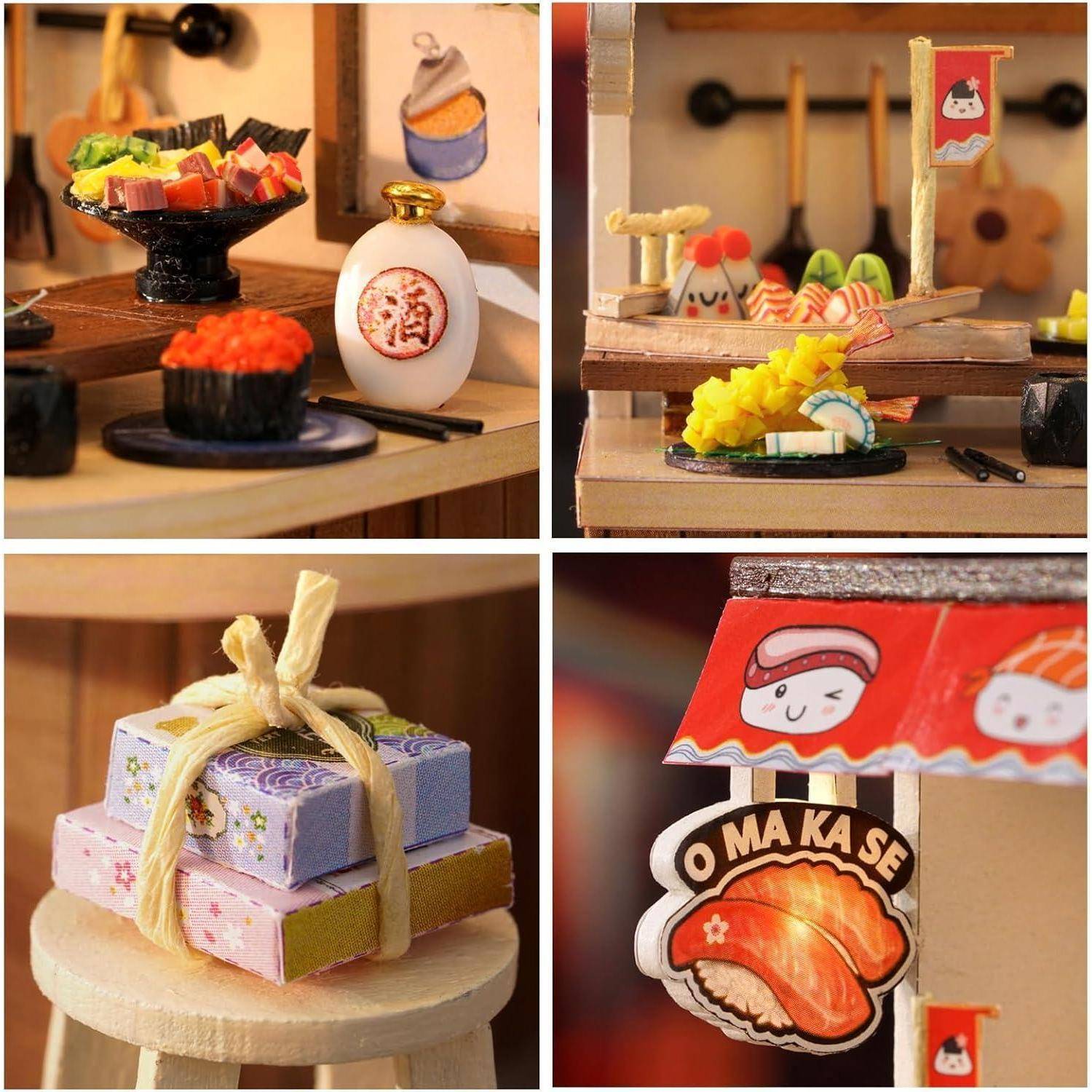 Collage von Miniatur-Sushi-Kunsthandwerk: farbenfrohe Sushi-Platten, ein winziger Sushi-Stand, verpackte Geschenkboxen und ein „OMAKASE"-Schild mit Cartoon-Sushi.