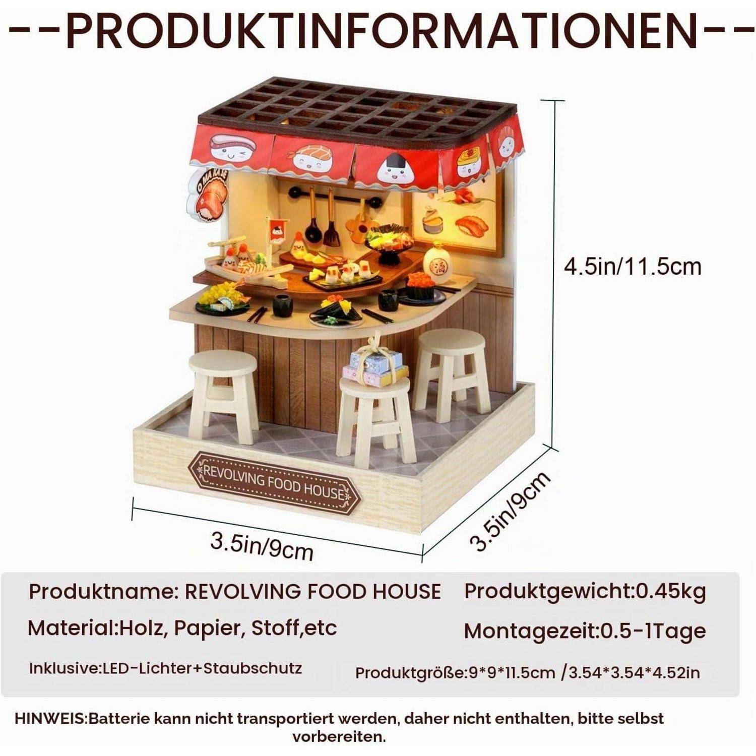 Produktinformationsgrafik für das Miniaturmodell „REVOLVING FOOD HOUSE": 3,5 x 3,5 x 4,5 Zoll, 0,45 kg, Holz/Papier/Stoff, LED-Leuchten, Batterie nicht enthalten.