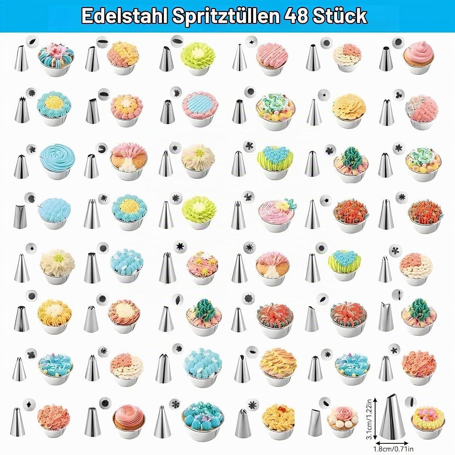 Produktcollage aus 48 Edelstahl-Rohrkonditorspitzen und verzierten Cupcakes, mit verschiedenen Zuckerguss-Spitzen und blumenähnlichen Zuckergussmustern; enthält ein Größendiagramm.