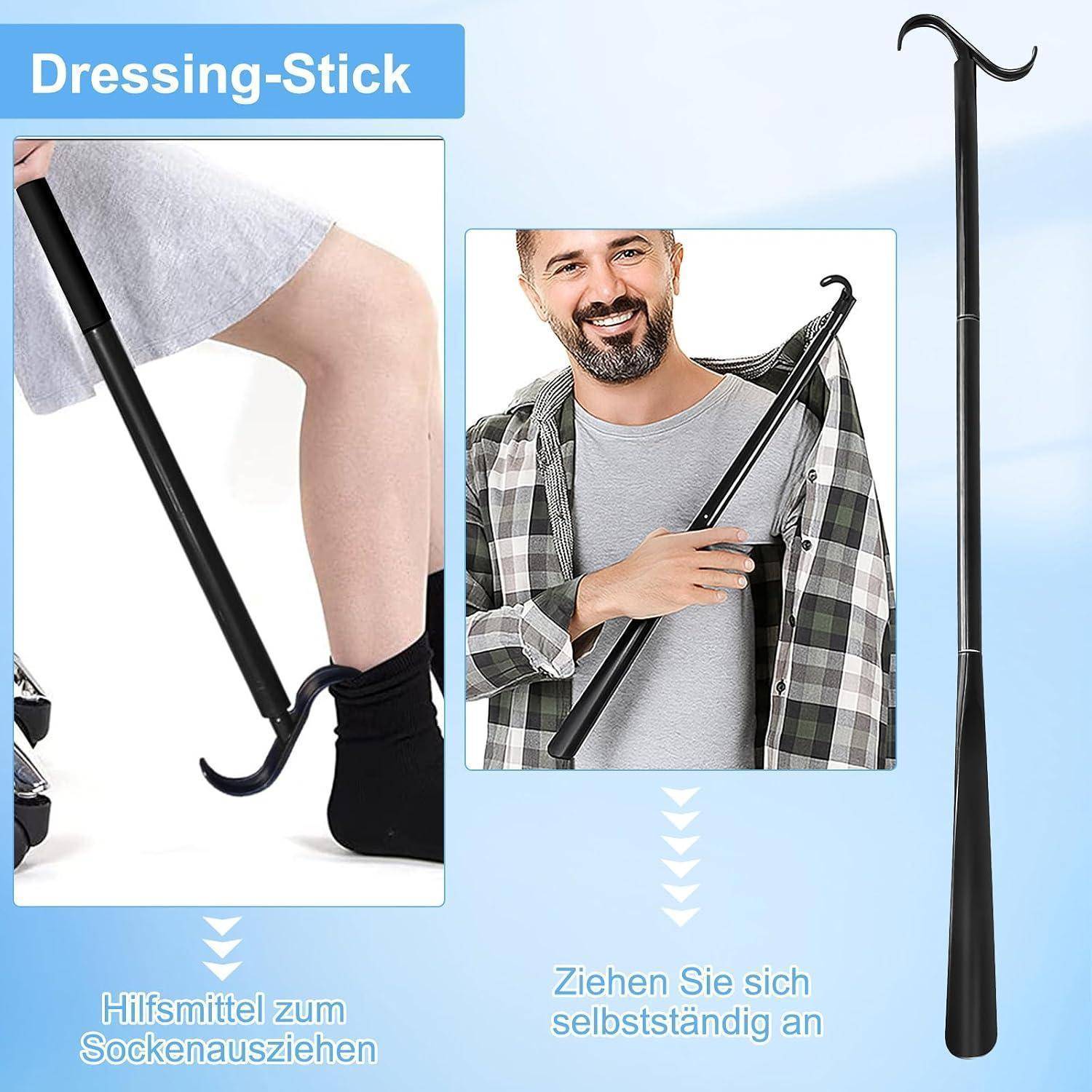 Werbebild eines Anziehhilfestabes mit Hackenenden, das eine Person beim unabhängigen Anziehen von Socken und beim Überziehen eines Hemdes zeigt.