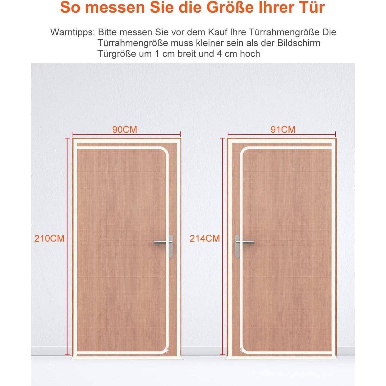 Anleitung zum Messen einer Tür: Der Türrahmen muss 1 cm breiter und 4 cm höher sein als das Produkt, mit Beispielen von 90 cm x 210 cm und 91 cm x 214 cm.