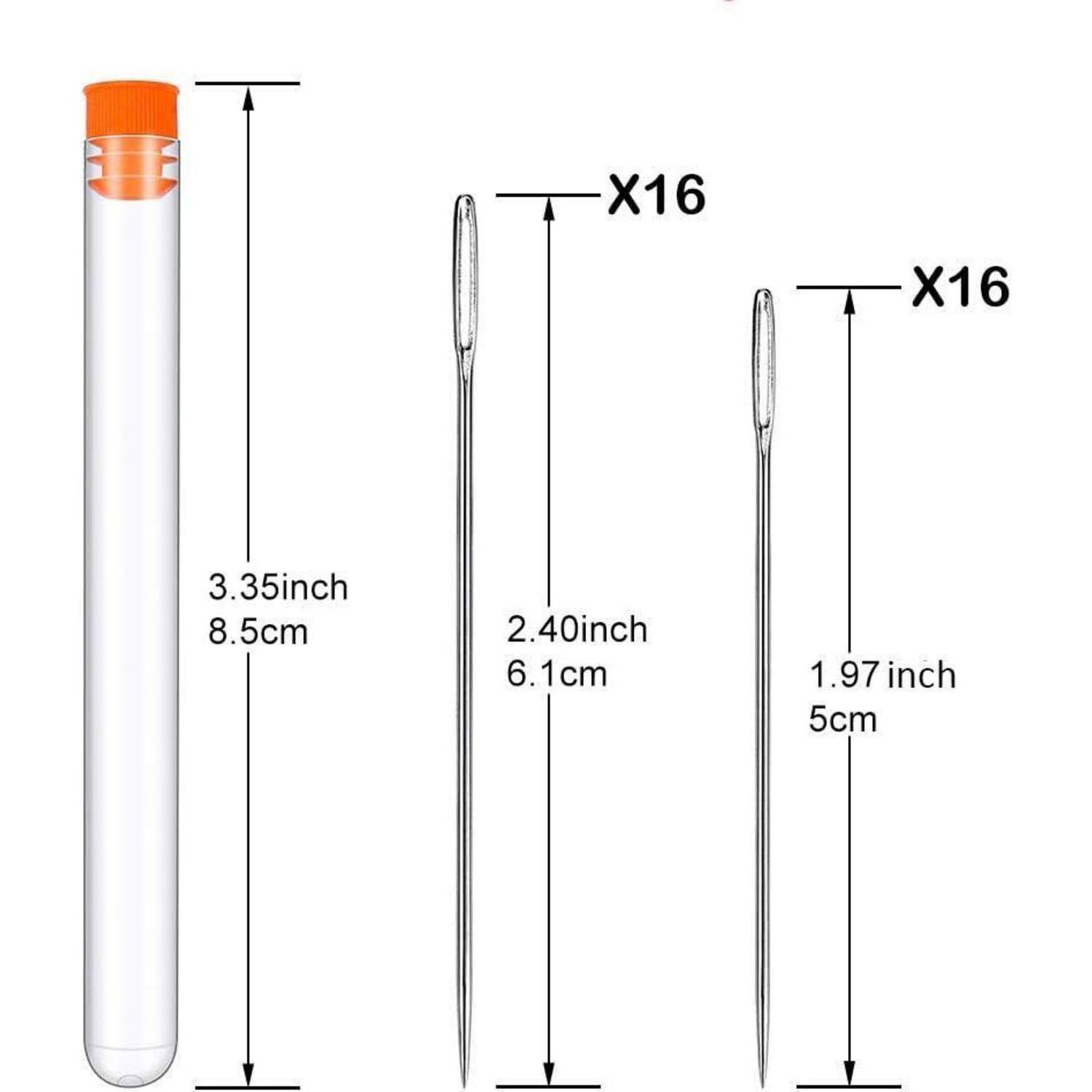 Produktabmessungsdiagramm mit einem Lagerbehälter, 3,35 Zoll hoch, und 16 Nadeln in zwei Größen: 2,40 Zoll und 1,97 Zoll.