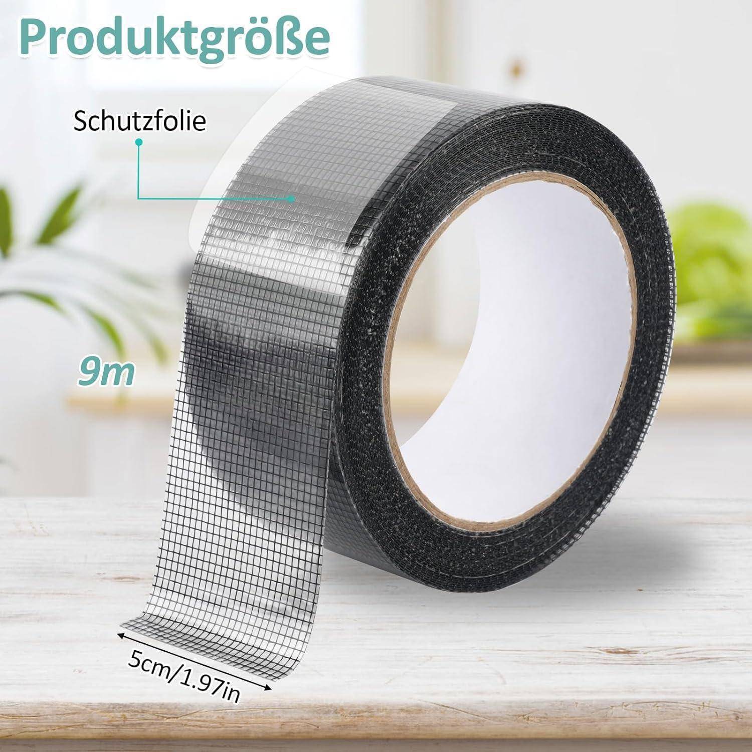 Produktgrößen-Grafik zeigt eine Rolle schwarzes Gitterklebeband mit Schutzfolie, beschriftet mit „Schutzfolie", 9 m lang und 5 cm/1,97 Zoll breit.