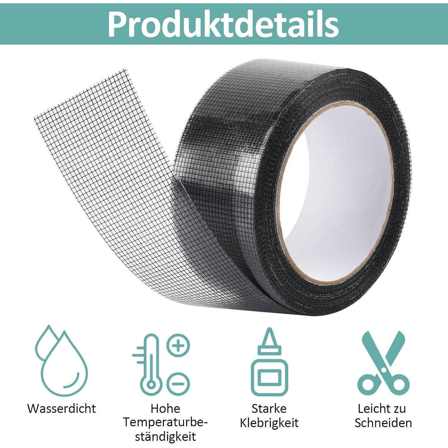 Produktdetails für schwarzes Klebe-Gitterband; Symbole heben Wasserfestigkeit, Hitzebeständigkeit, starke Haftung und einfaches Zuschneiden hervor.
