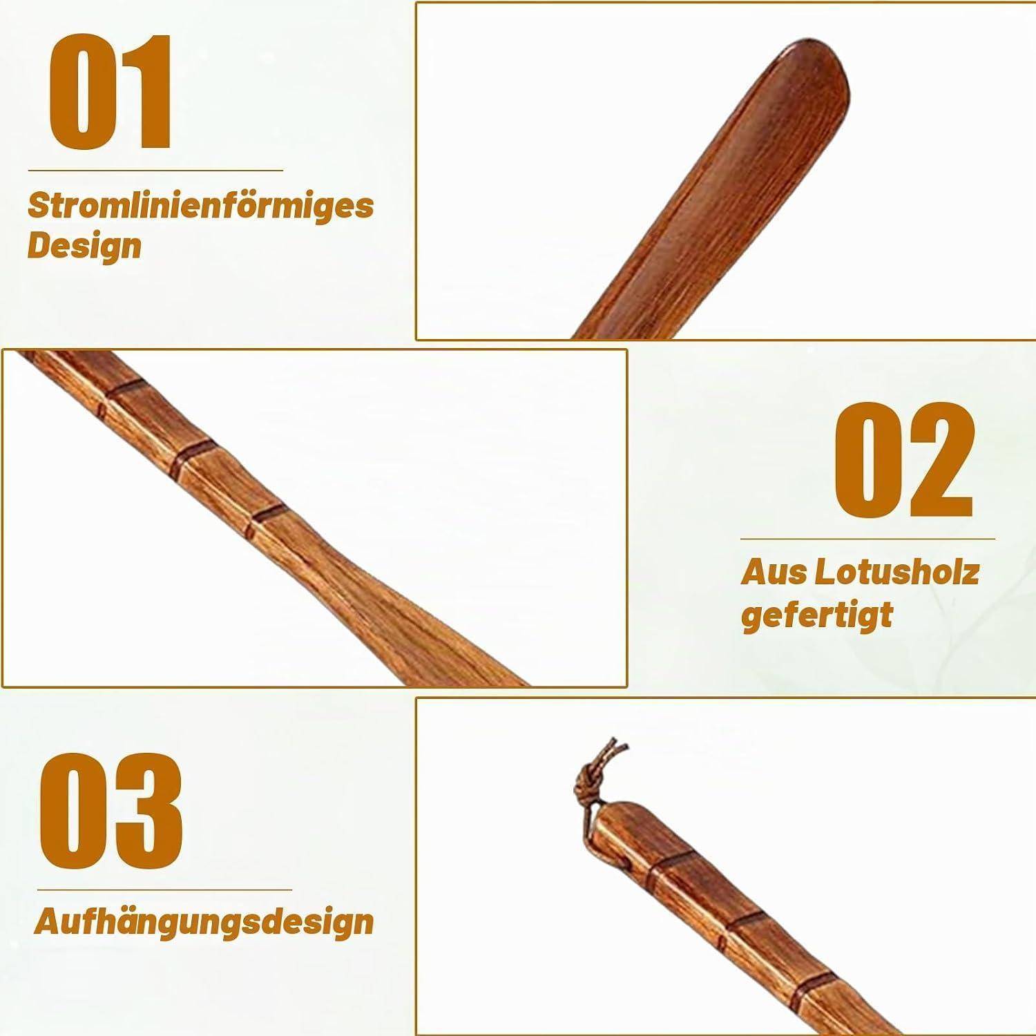 Infografik eines Holzkleiderbügel-Designs mit Hervorhebung der stromlinienförmigen Form, aus Palisander gefertigt, und einem Aufhängeschleifenfeature.