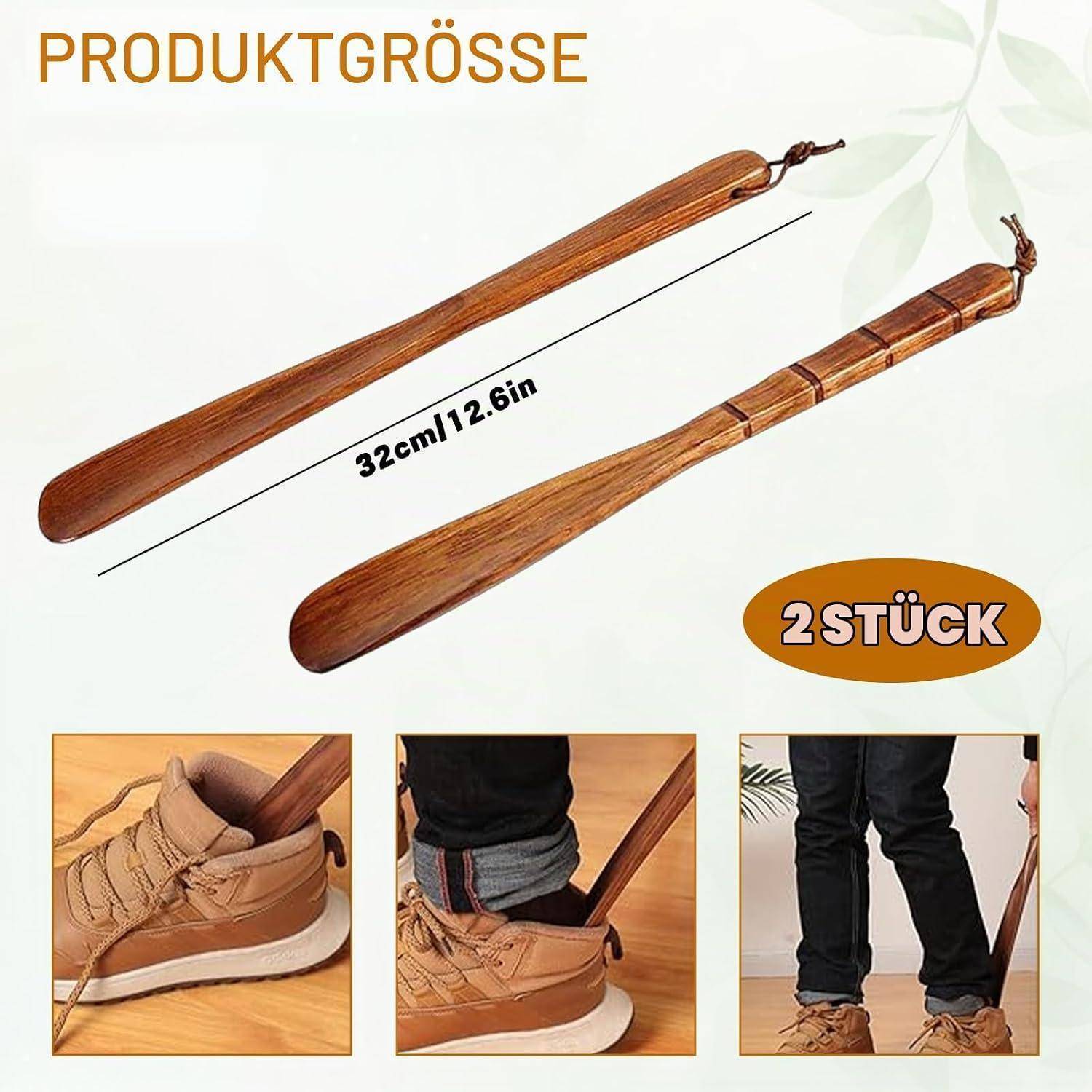 Produktgrößengrafik für Schuhlöffel: zwei Holzschuhlöffel, je 32 cm/12,6 Zoll lang, verkauft als 2er-Set, mit Detailfotos zum Einsatz an Schuhen.