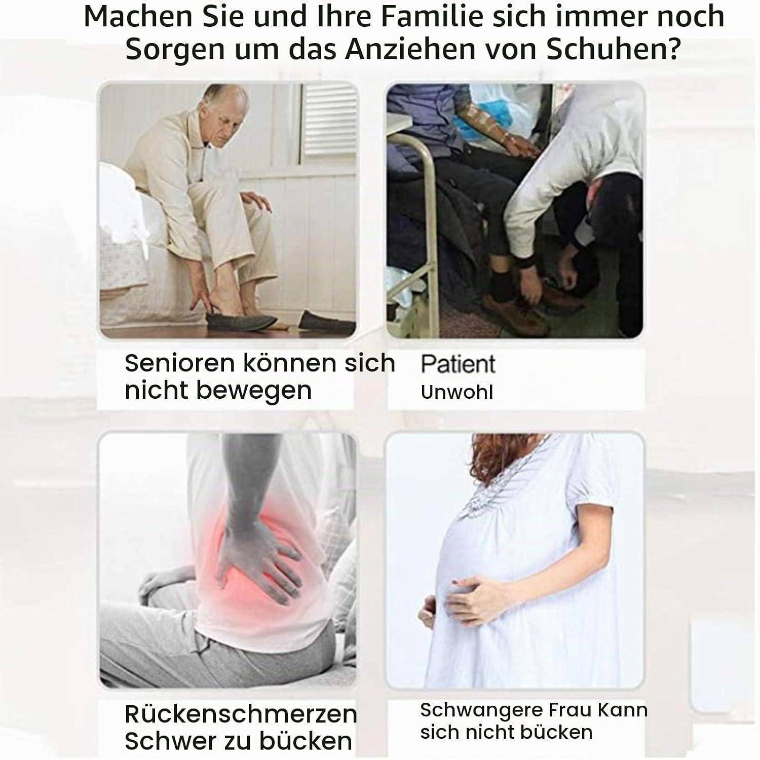 # Deutschen Poster mit vier Szenen, in denen das Anziehen von Schuhen schwierig ist: ältere Menschen, die sich nicht bücken können, ein kranker Patient, Rückenschmerzen und eine schwangere Frau.