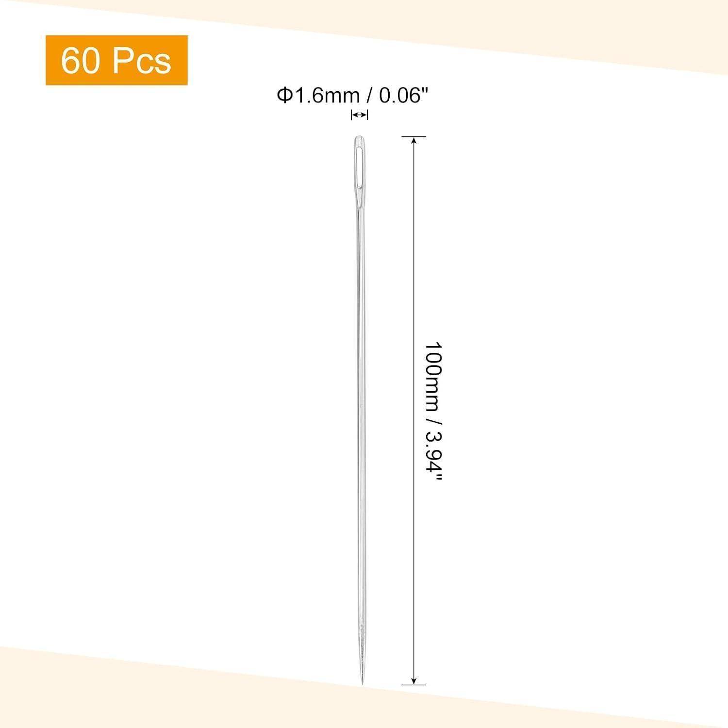 Packung mit 60 Nähnadeln, 100 mm lang und 1,6 mm breit, mit Abmessungen dargestellt.