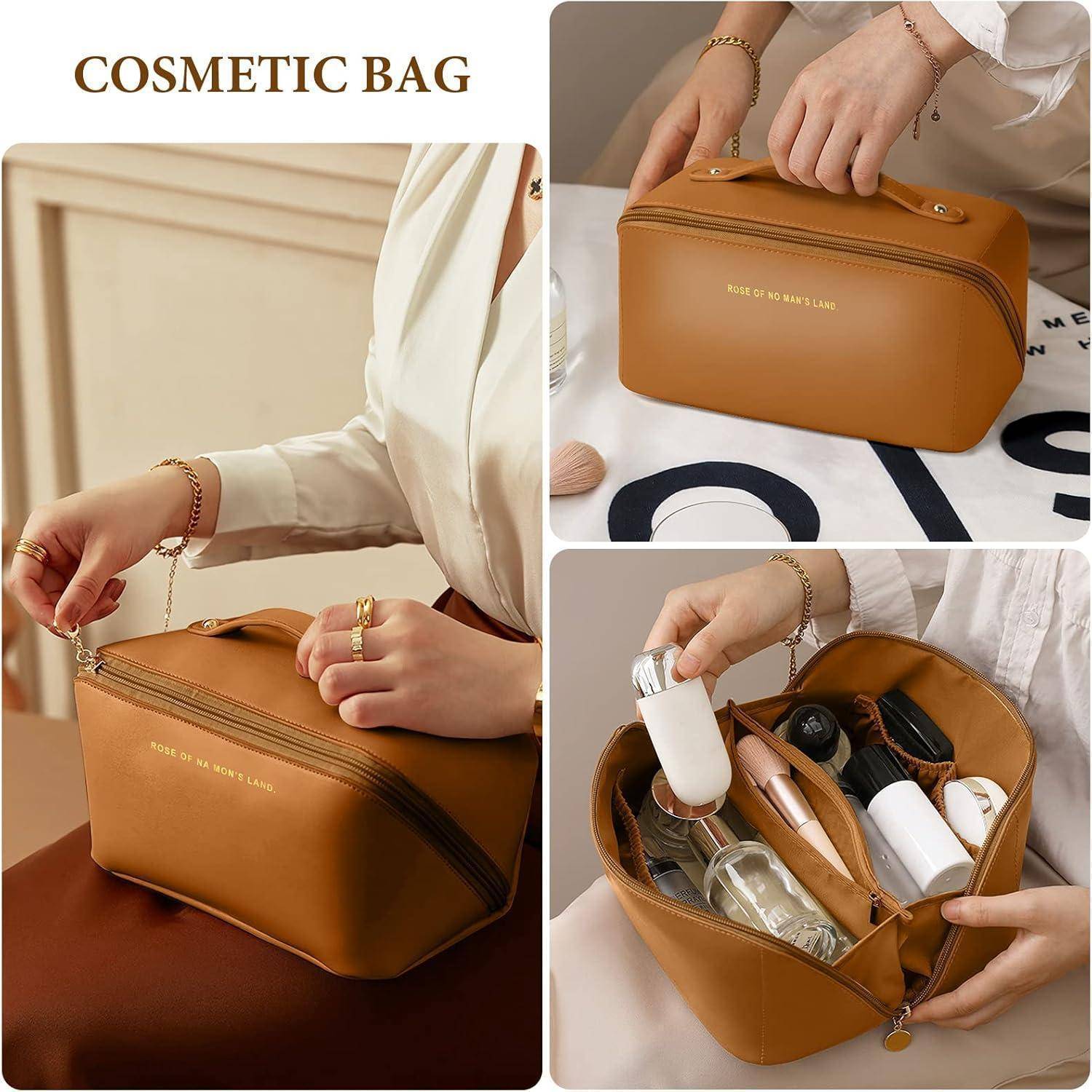 Collage aus einer beigefarbenen verschließbaren Kosmetiktasche, die gehalten, geöffnet und mit Make-up und Toilettenartikeln gepackt wird; der Titel lautet „KOSMETIKTASCHE