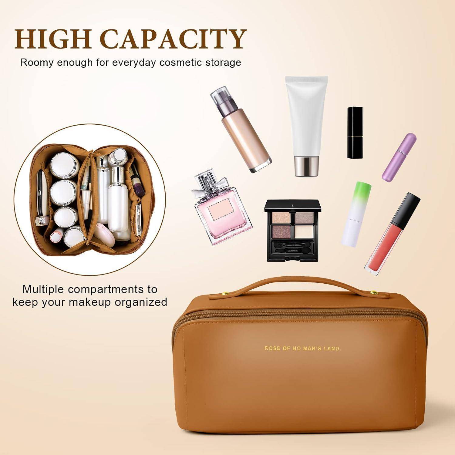 Werbebild einer beigefarbenen Kosmetiktasche mit der Aufschrift „HIGH CAPACITY