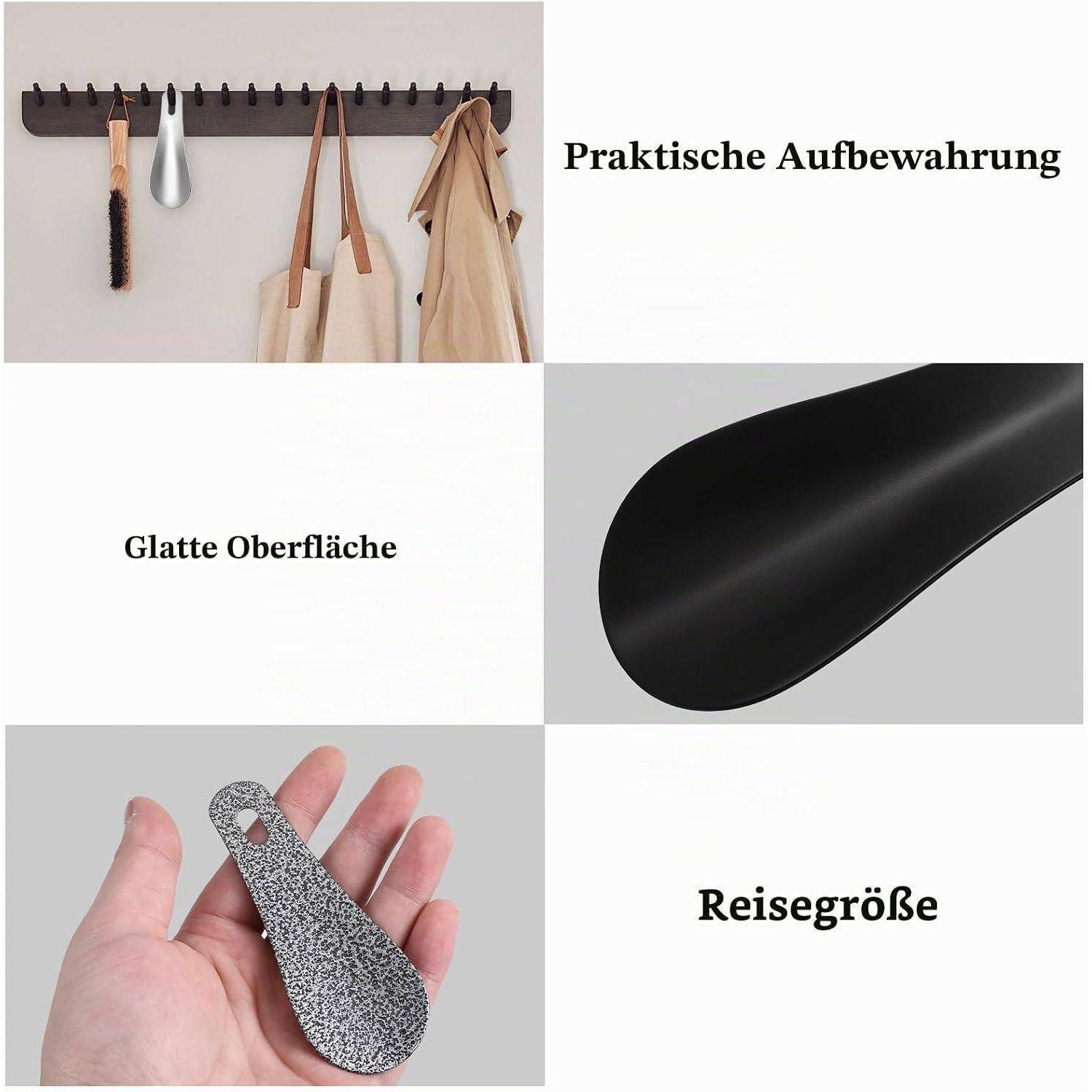 Promotionale Collage mit einer Wandhaken-Garderobe, die Mäntel und Accessoires hält, mit deutschen Bildunterschriften „Praktische Aufbewahrung", „Glatte Oberfläche"" und „Reisegröße"", die Lagerung, glatte Oberfläche und Reisegröße hervorheben.