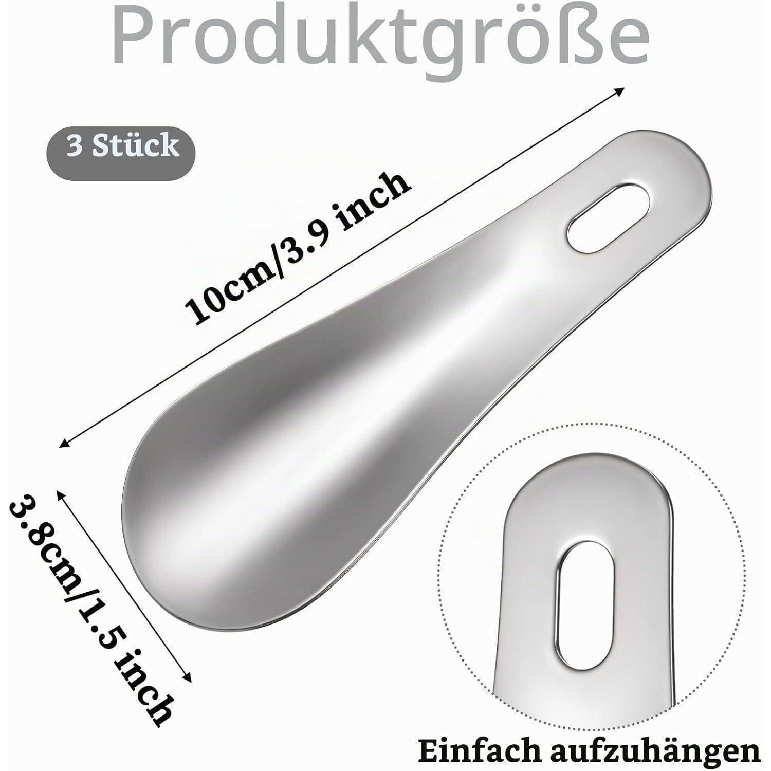 Produktgrößen-Diagramm für 3 Edelstahl-Hängeschaufeln: 10 cm lang und 3,8 cm breit, mit einem ovalen Loch zum leichten Aufhängen.