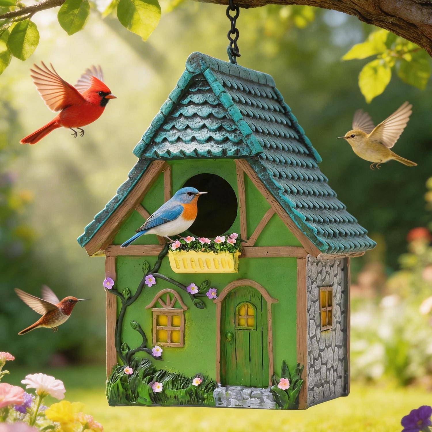 Buntes Vogelhaus, das von einem Baum hängt, mit vier Vögeln rundherum und einem auf der Stange am Eingang, in einem sonnigen Garten.