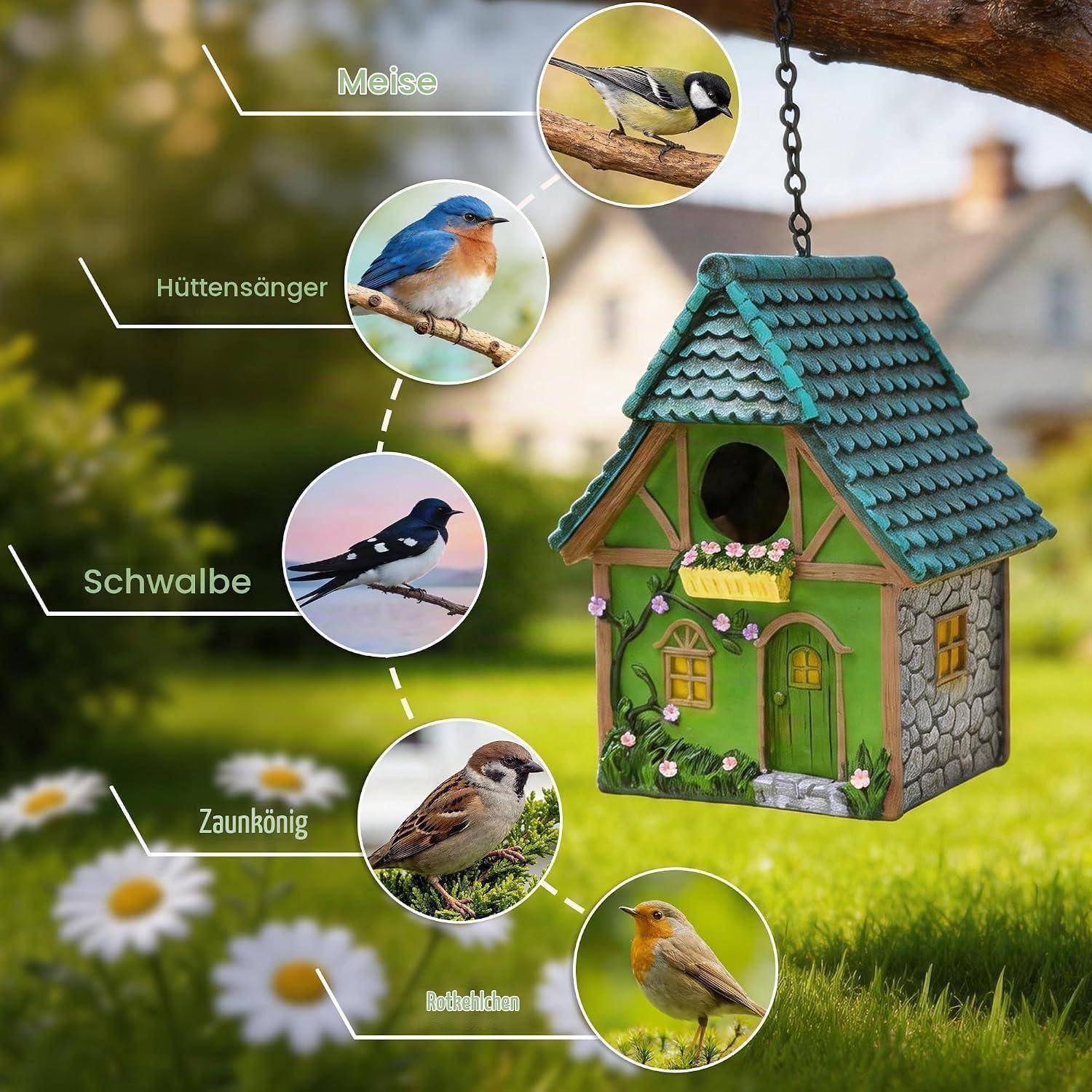 Vogelhaus, das in einem Garten hängt, mit beschrifteten Kreisen, die Vogelarten zeigen, die es nutzen können: Meise, Hüttensänger, Schwalbe, Zaunkönig und Rotkehlchen.