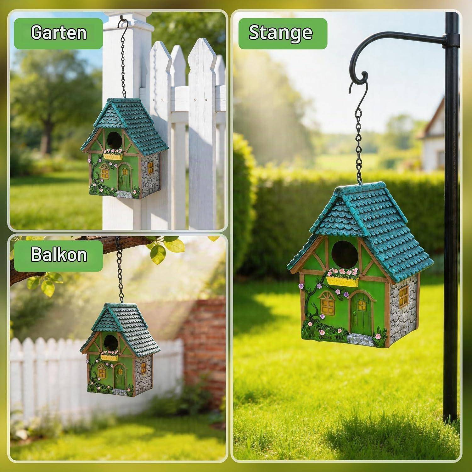 Dekoratives Vogelhaus hängend in einem Garten, auf einer Stange und auf einem Balkon; Beschriftungen zeigen 'Garten', 'Stange' und 'Balkon'.