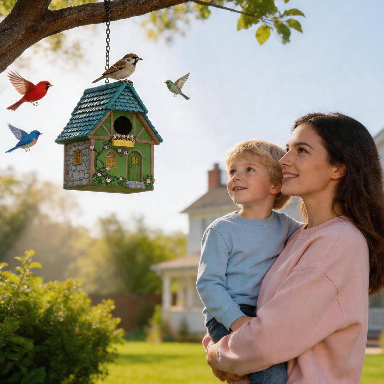 Mutter hält kleines Kind draußen, lächelt auf ein Vogelhaus, das an einem Baum hängt, während bunte Vögel in der Nähe in einem sonnigen Garten herumfliegen.