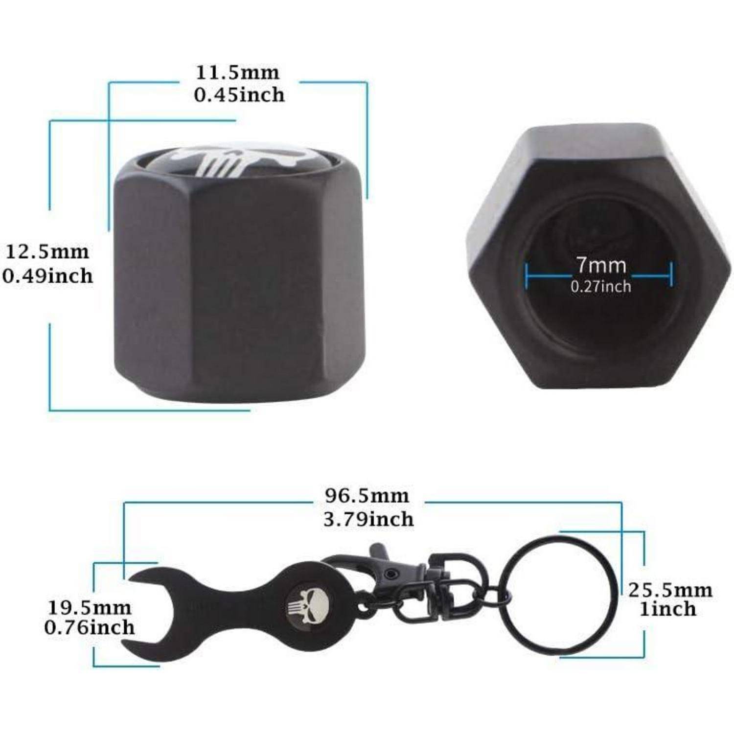 Produktdiagramm einer schwarzen Sechskant-Hutmutter und passenden Schraubenschlüssel-Schlüsselanhänger mit Abmessungen: Kappe 11,5 mm x 12,5 mm, Öffnung 7 mm, Schlüsselanhänger 96,5 mm lang mit Abschnitten von 19,5 mm und 25,5 mm.