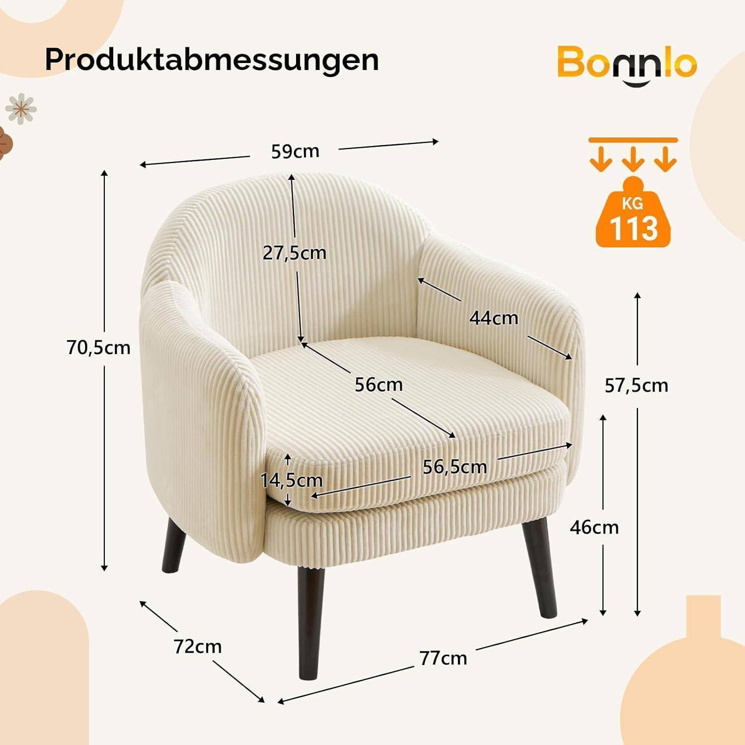 Produktabmessungen-Diagramm eines beigen gepolsterten Sessels mit Größenangaben: 59 cm breit, 70,5 cm hoch, 77 cm tief, Sitzfläche 56 cm x 56,5 cm, Gewichtslimit 113 kg.