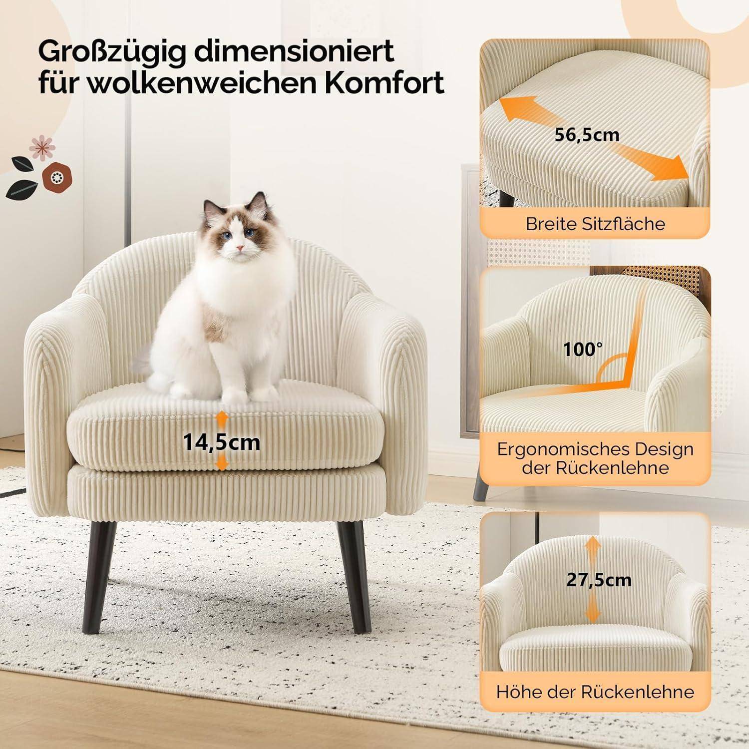 Ein cremefarben gestreifter gepolsterter Sessel mit einer Katze, mit den Maßen und Merkmalen: 56,5 cm Sitzbreite, 100° Rückenlehne und 27,5 cm Rückenhöhe.