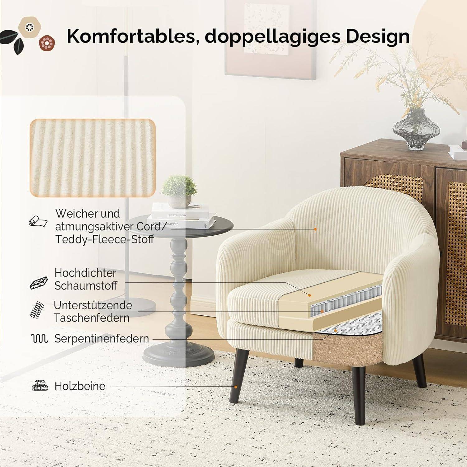 Diagramm eines cremefarbenen Sessels mit ausgeschnittenen Schichten, beschriftet mit „komfortable, doppelschichtige Konstruktion
