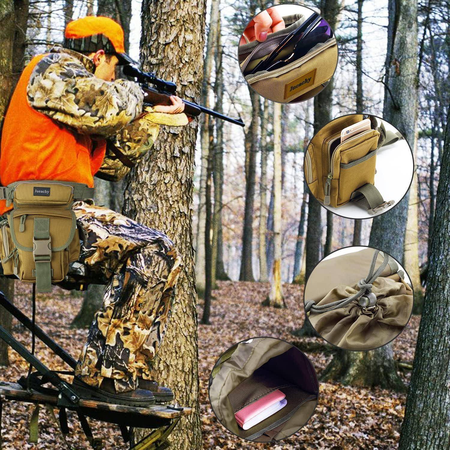 Getarnter Jäger, der von einem Hochsitz im Wald mit einem Gewehr zielt, mit eingefügten Nahaufnahmen der Tasche und Ausrüstungstaschen.