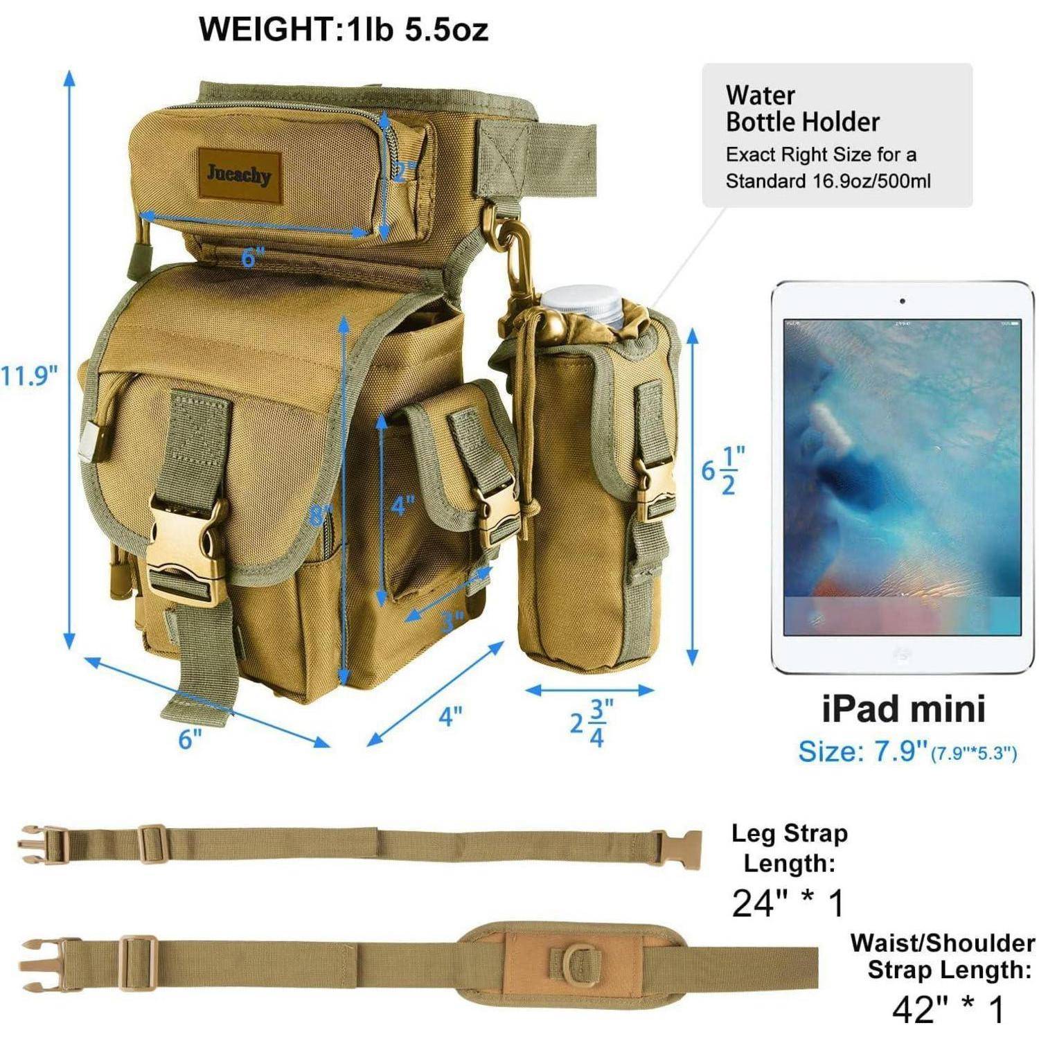 Produktdiagramm einer beige-farbenen taktischen Kameratsche mit Abmessungen, Gewicht, Flaschenhalter, iPad-mini-Passform und mitgelieferten Hüft-, Schulter- und Beingurten.
