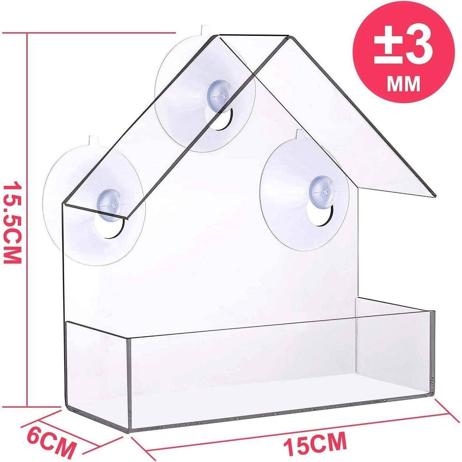 Transparentes acrylhaus-förmiges Wandregal mit Saugnäpfen; Abmessungen gekennzeichnet 15,5 cm hoch, 15 cm breit, 6 cm tief und ±3 mm Dicke.