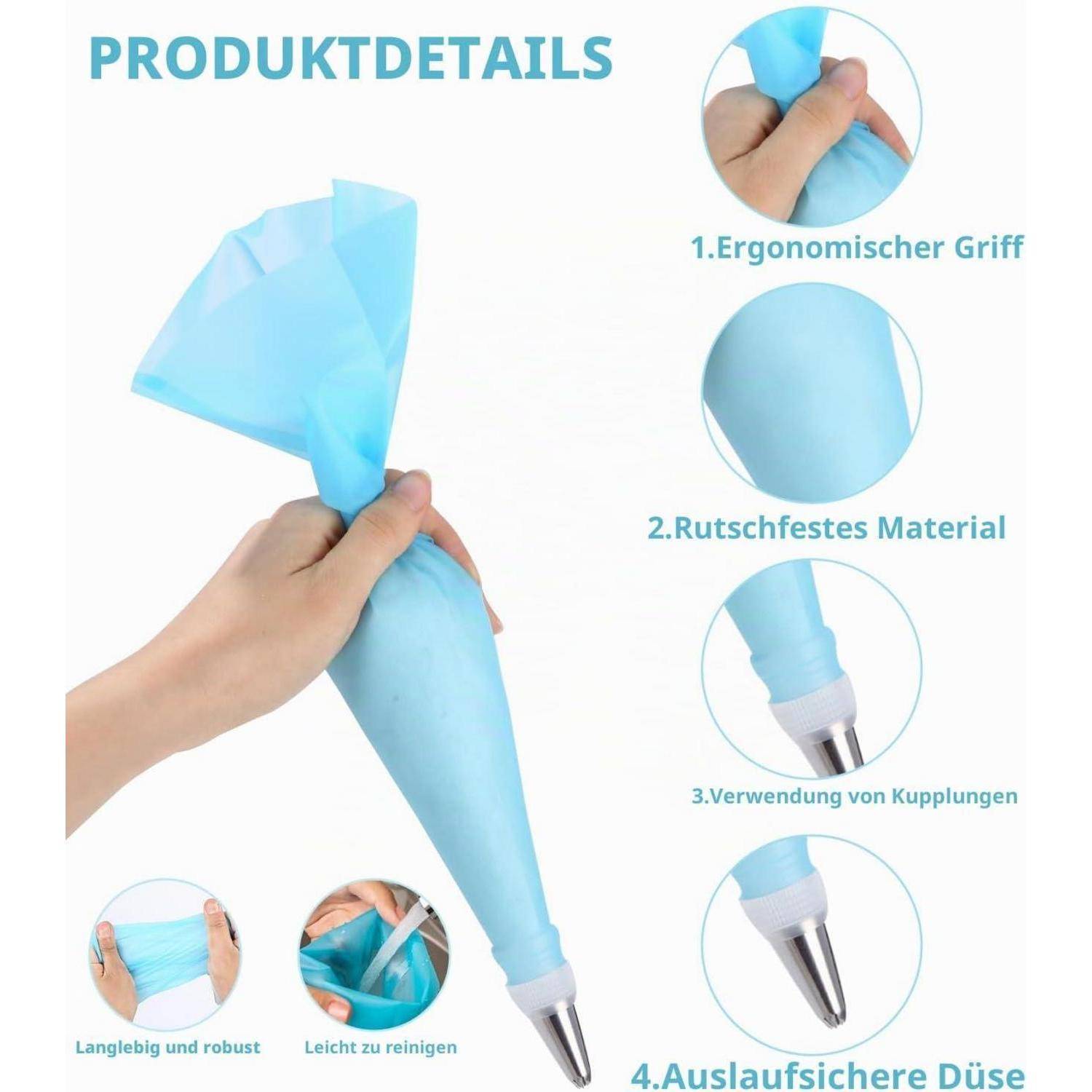 Produktdetail-Grafik, die eine blaue Spritzbeutel in der Hand zeigt und ergonomischen Griff, rutschfestes Material, Verwendung von Kupplung, auslaufsichere Düse, Langlebigkeit und einfache Reinigung hervorhebt.