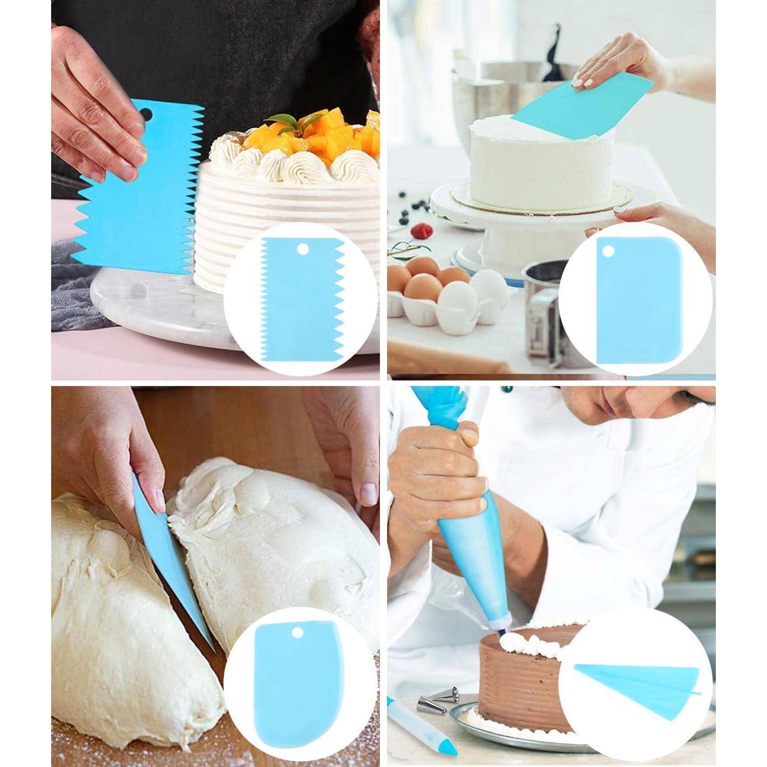 Collage mit einem blauen Kunststoff-Kuchenspachtel/Teigschaber, der zum Glätten von Kuchenfrost, zum Verteilen von Teig und zum Schneiden von Teig beim Backen verwendet wird.