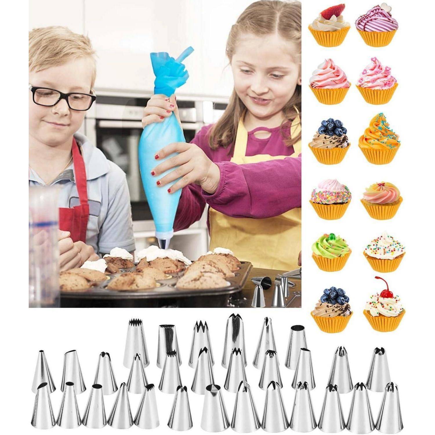 Kinder dekorieren Cupcakes mit Zuckerguss, während eine Anleitung zur Cupcake-Dekoration Beispiele für Glasurtechniken und Metallspritztüllen zeigt.