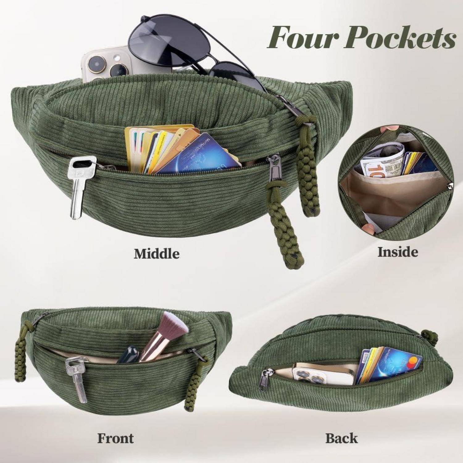 Produktbild einer grünen Cord-Gürteltasche mit der Bezeichnung "Four Pockets"" (Vier Taschen), die mittlere, innere, vordere und hintere Ansichten mit mehreren Reißverschluss-Fächern zeigt.